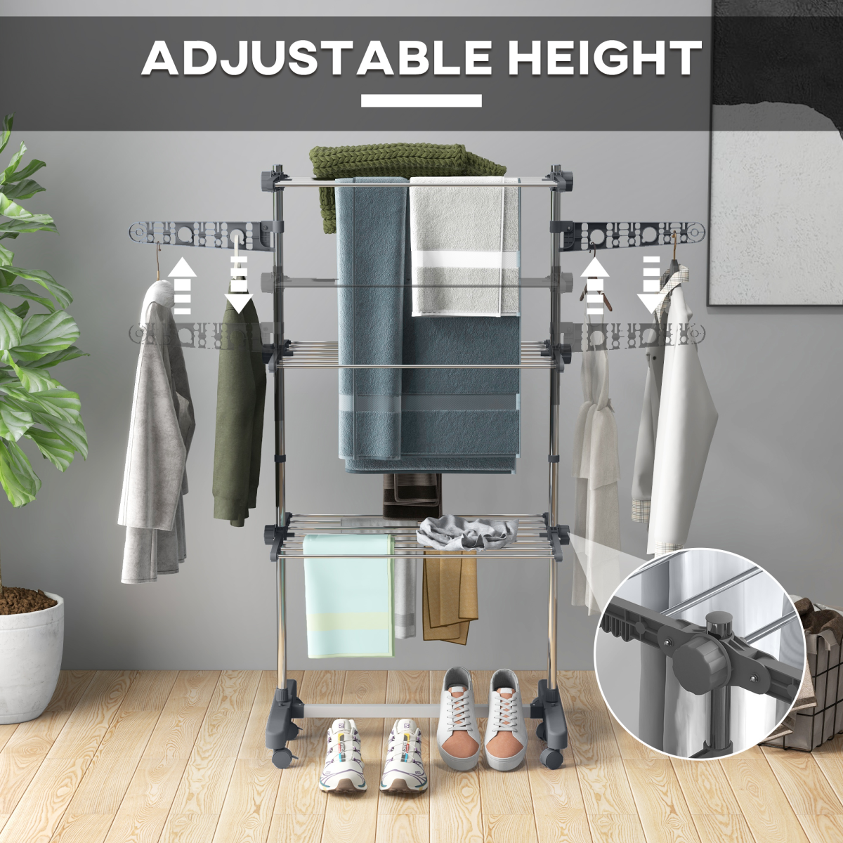 HOMCOM 3-Tier Folding Clothes Airer, Stainless Steel, Grey