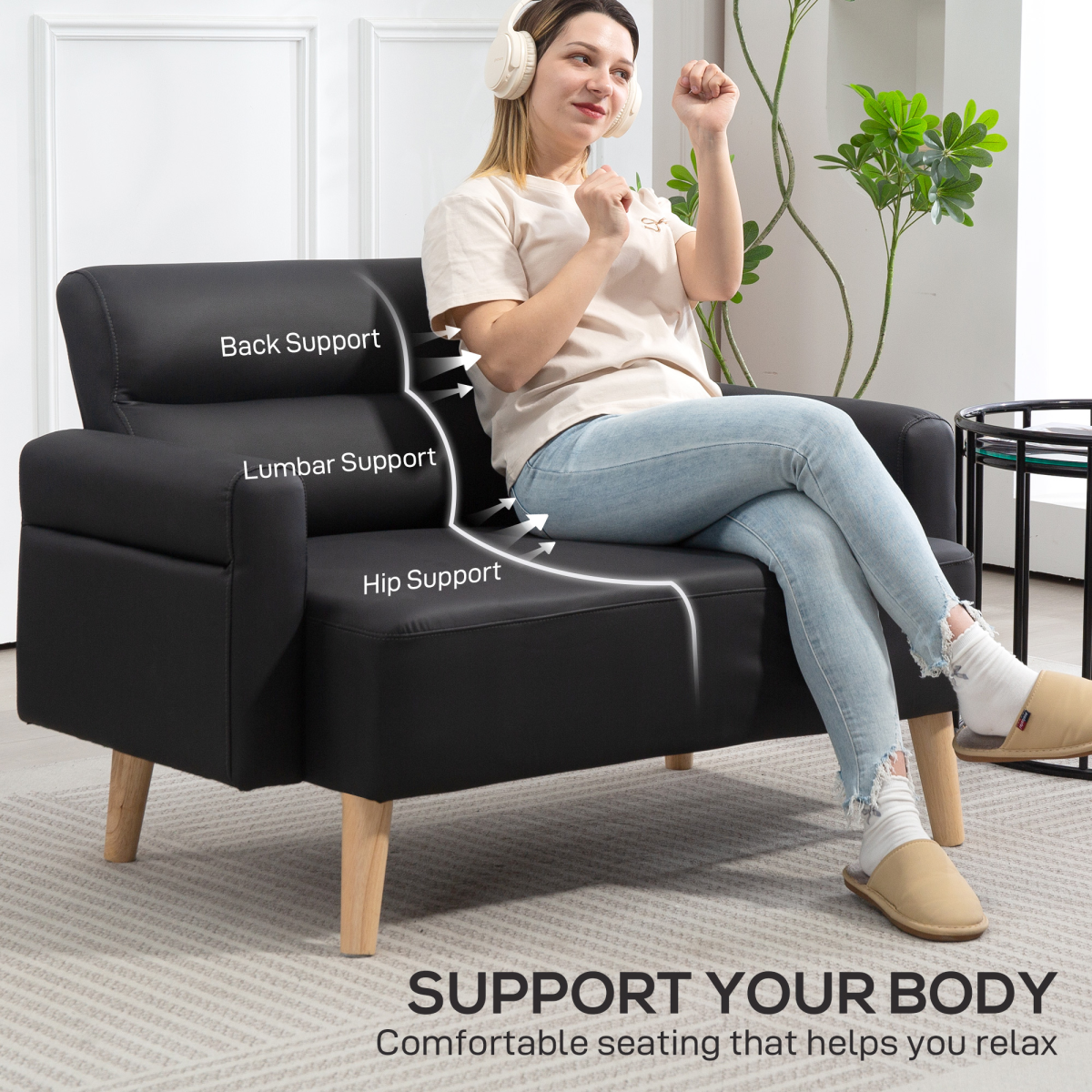 HOMCOM 2 Seater Faux Leather Sofa with Rubber Wood Legs, Black