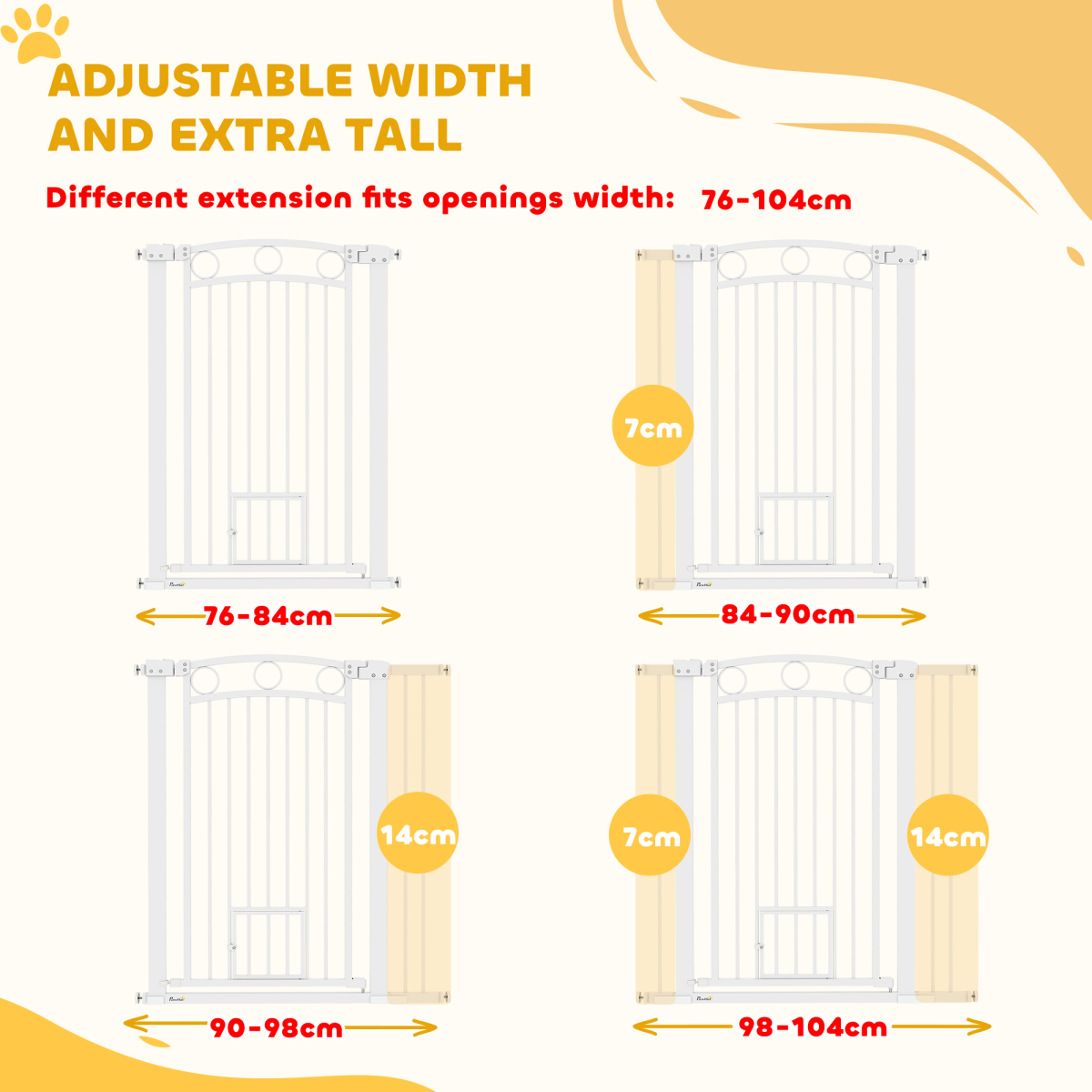 PawHut Adjustable Stair Gate with Cat Door, 76-104cm Wide, 106cm Tall