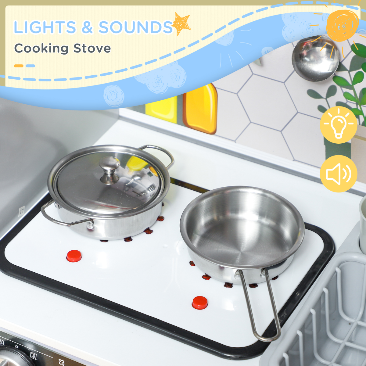 AIYAPLAY Kids Play Kitchen Set with Lights, Sounds, Microwave