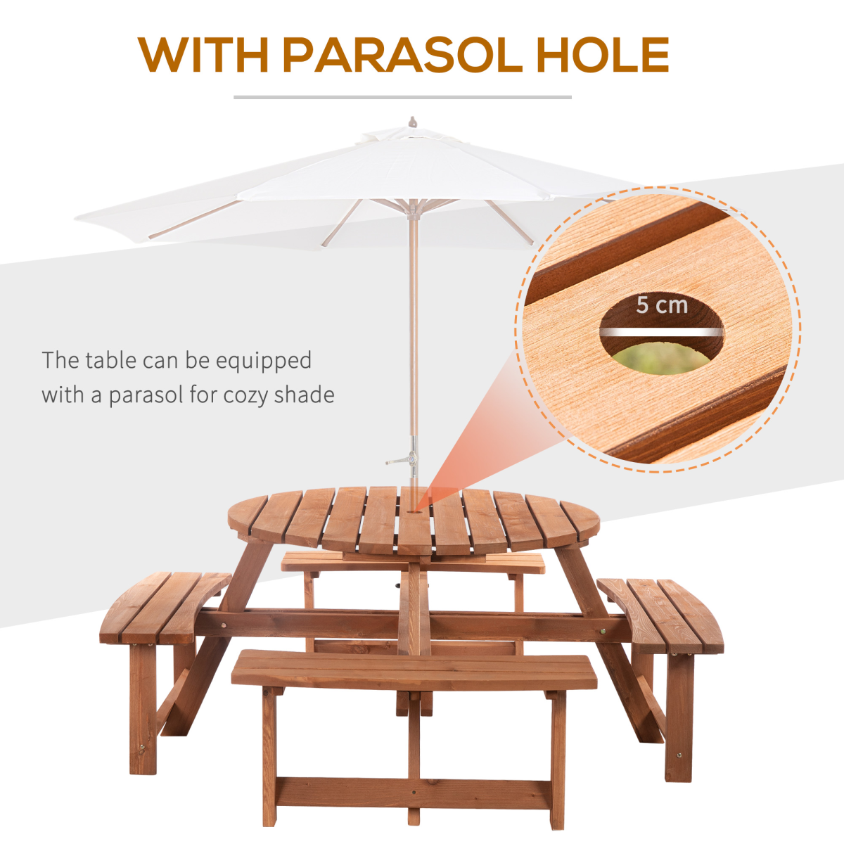 Outsunny 8-Seater Fir Wood Picnic Set with Parasol Attachment Hole