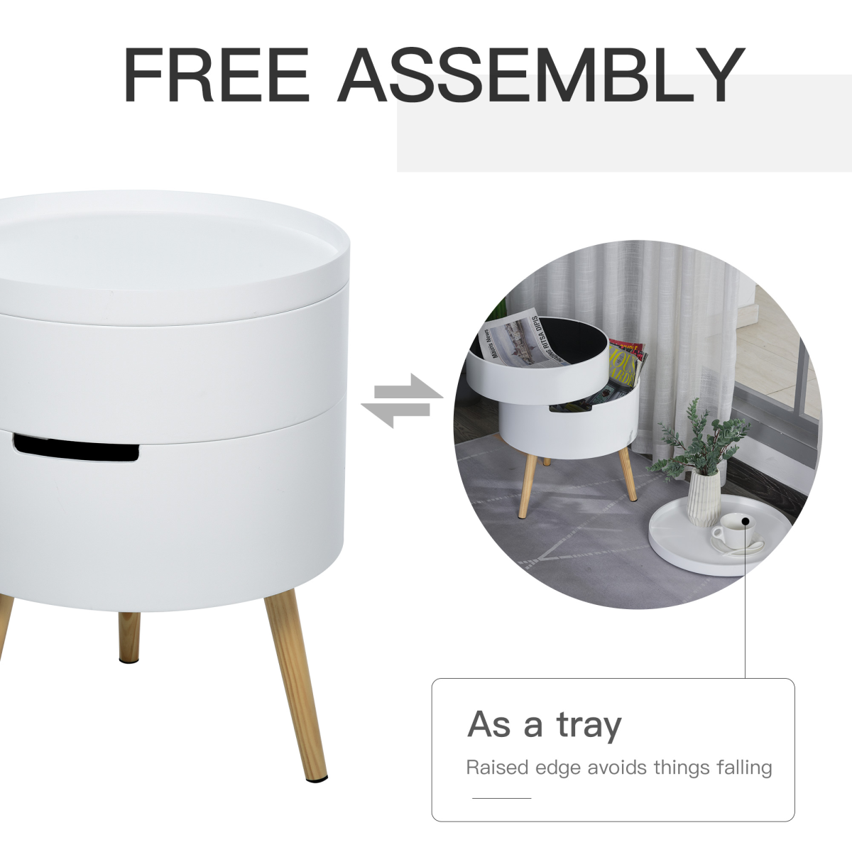 HOMCOM 3-Part Side Table with Storage, Detachable Tray Top, White