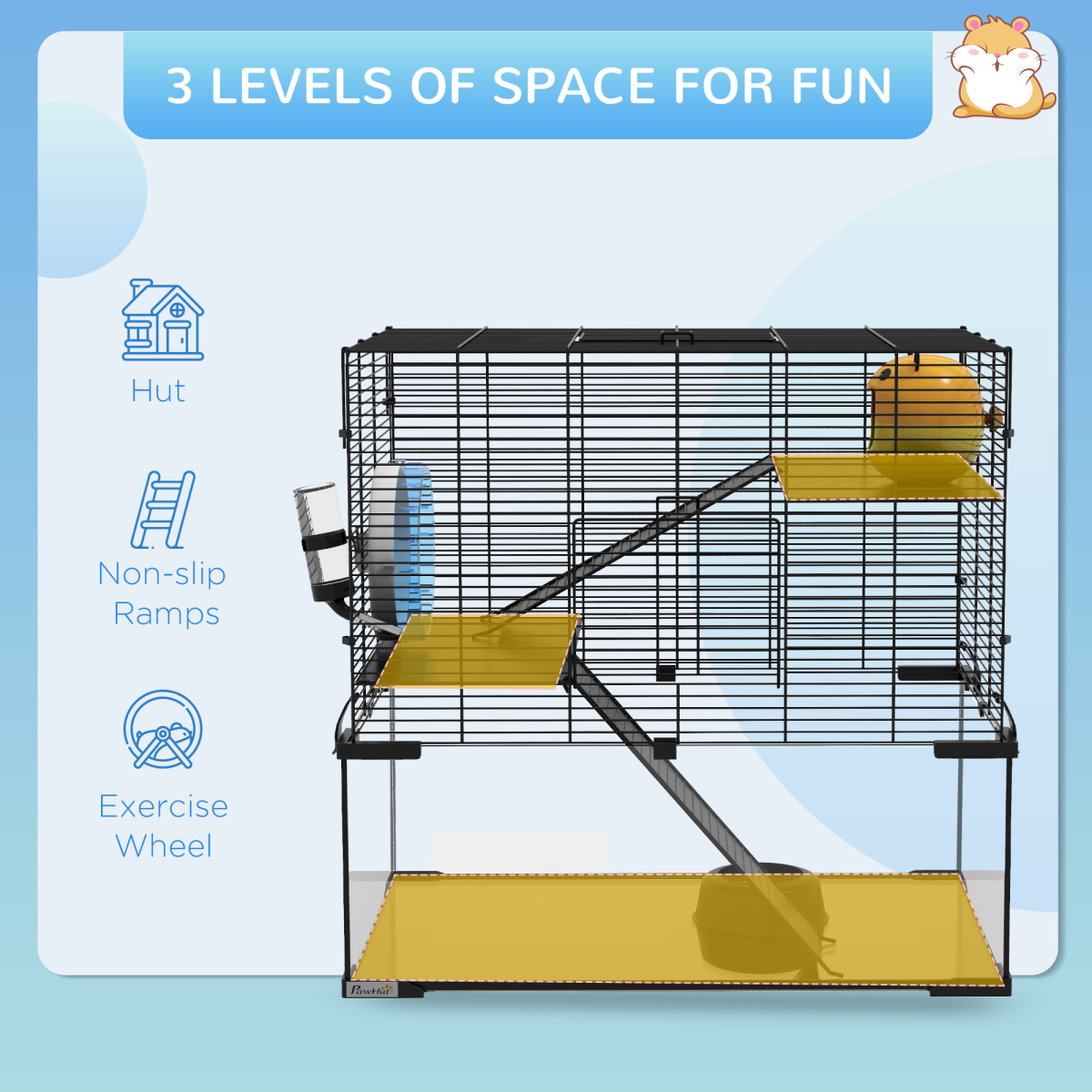 PawHut 3-Tier Hamster Cage with Glass Bottom, Dish & Hut, 60x40x57cm