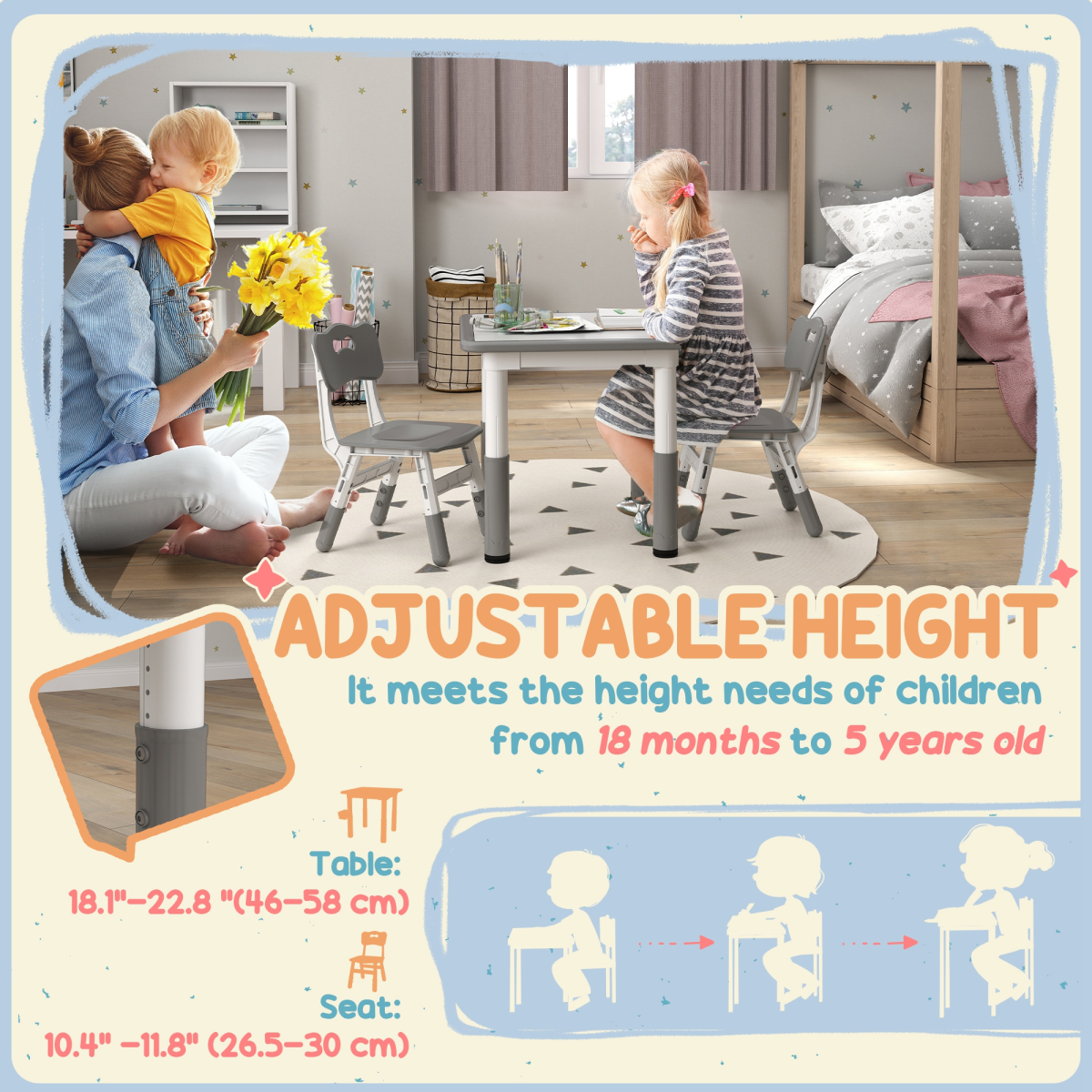 AIYAPLAY 3-Piece Height Adjustable Kids Table and Chair Set, Grey