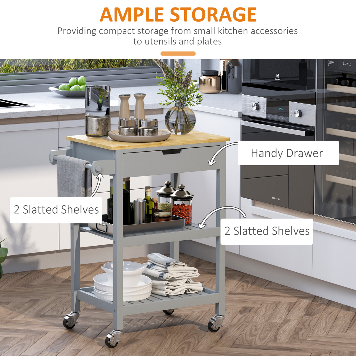 HOMCOM Kitchen Trolley Utility Cart on Wheels with Rubberwood Worktop, Drawer, 2 Shelves and Towel Rack
