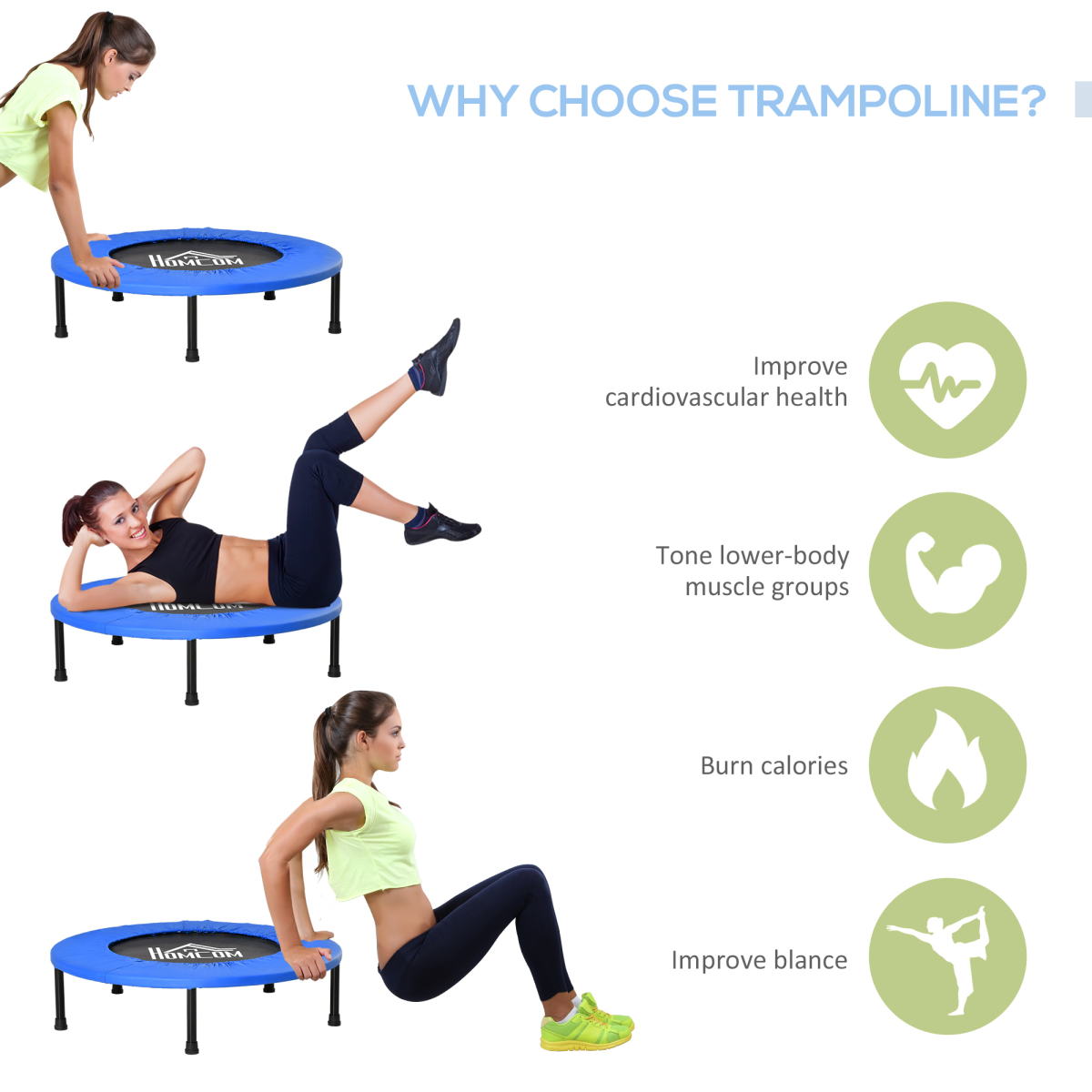 HOMCOM 81cm Foldable Fitness Trampoline, 100kg Max Load, Blue/Black