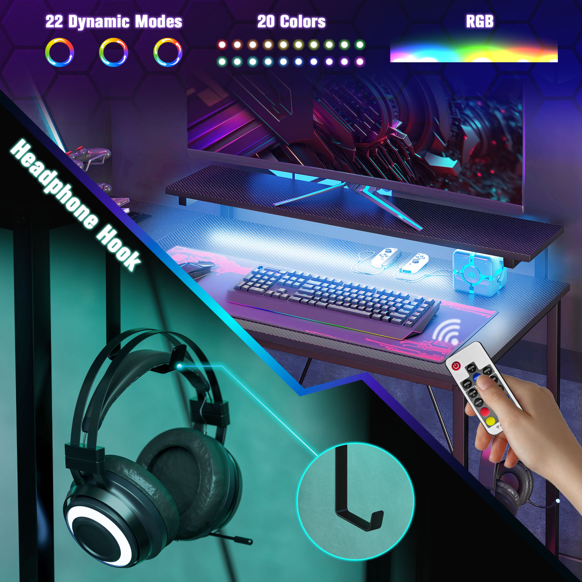 HOMCOM Reversible L Shaped Gaming Desk with LED Lights & Storage