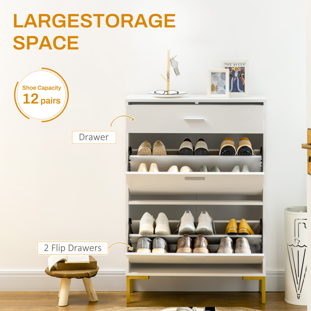 Slim Hallway Shoe Cabinet with 2 Flip Drawers, 12 Pair Storage
