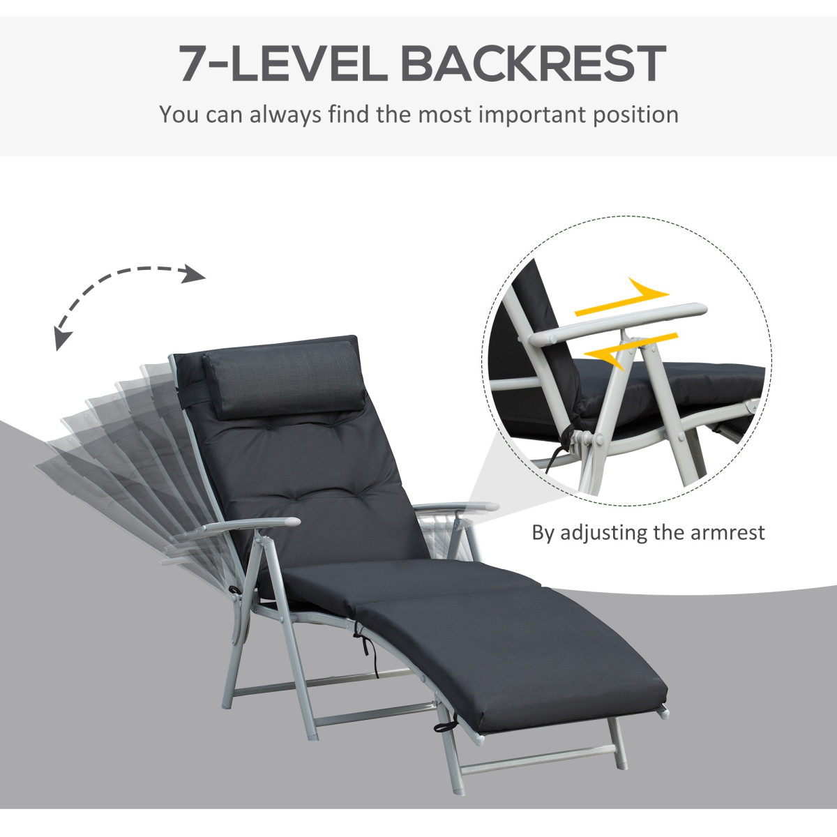 Outsunny Black Adjustable Padded Sun Lounger with Pillow