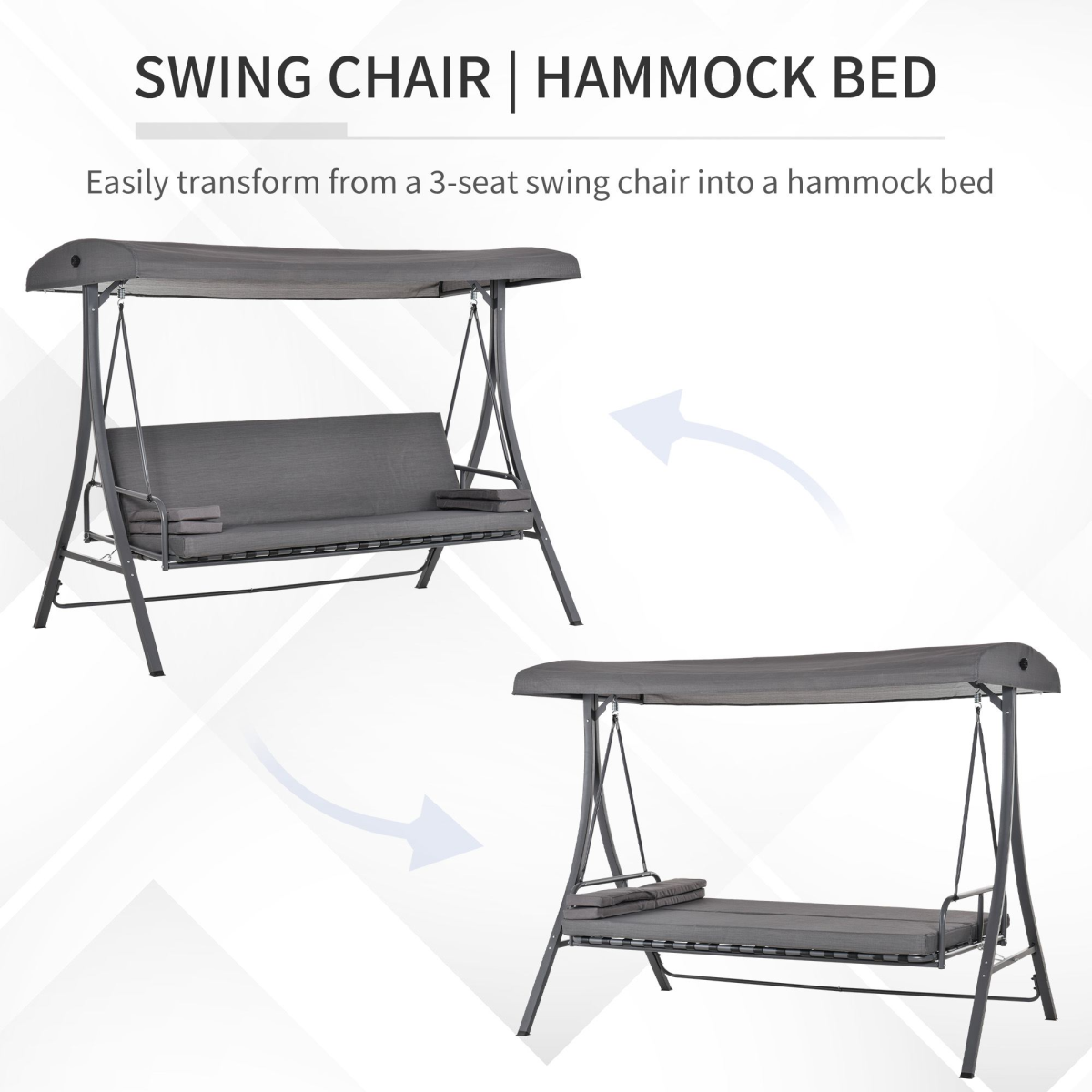 Outsunny 2-in-1 Swing Chair 3 Seater Bench Hammock Bed with Adjustable Canopy and Pillow, Grey