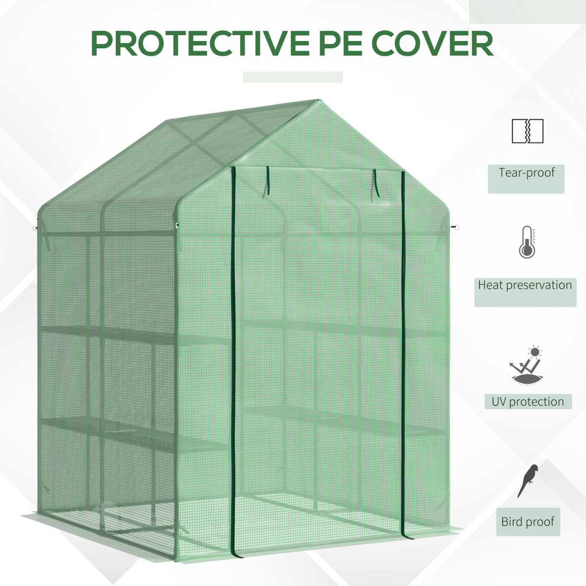 Walk-In Garden Greenhouse with Shelves, Roll-Up Door, 143x138x190cm