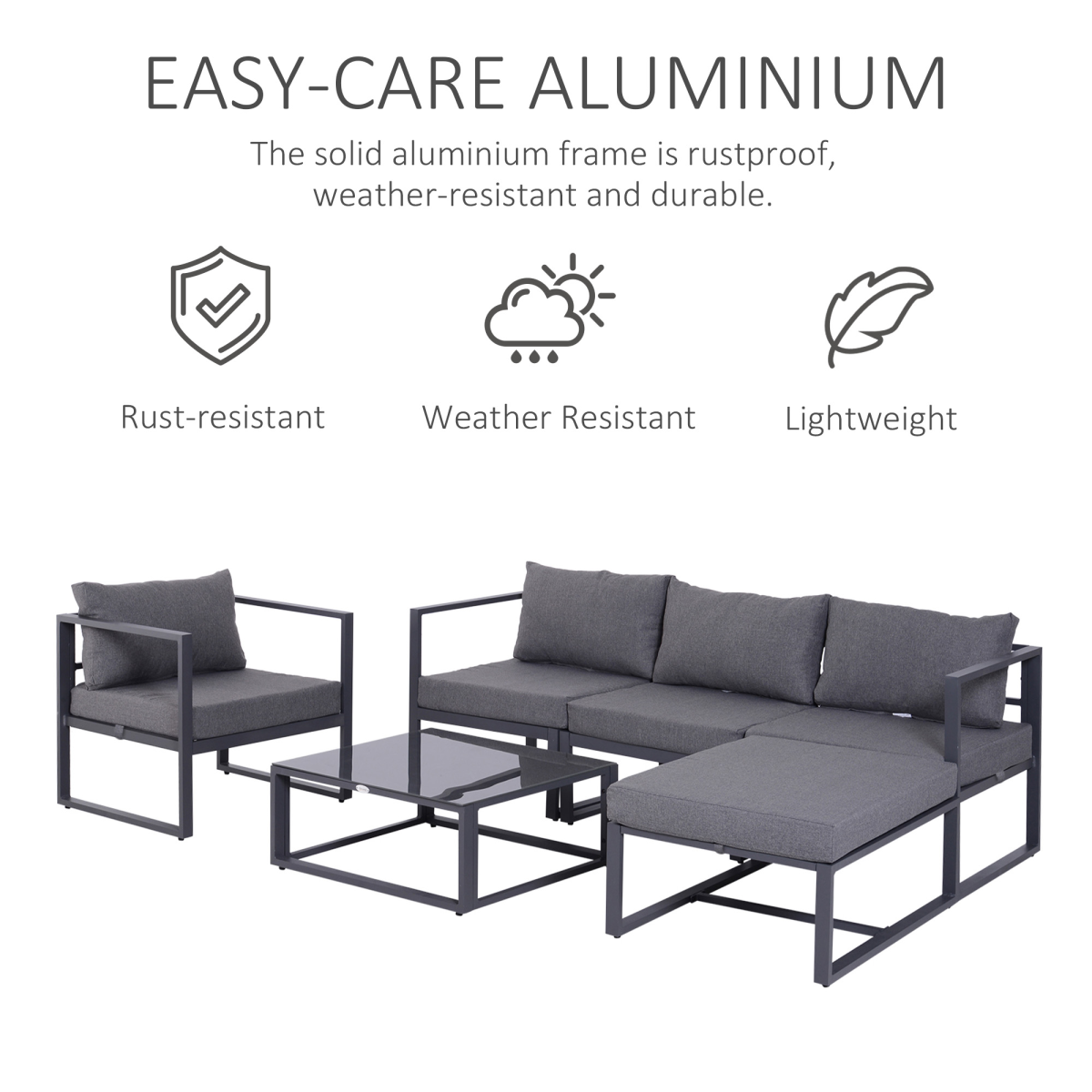 6 Piece Garden Sectional Sofa Set with Coffee Table and Footstool, Aluminium Frame, Outsunny
