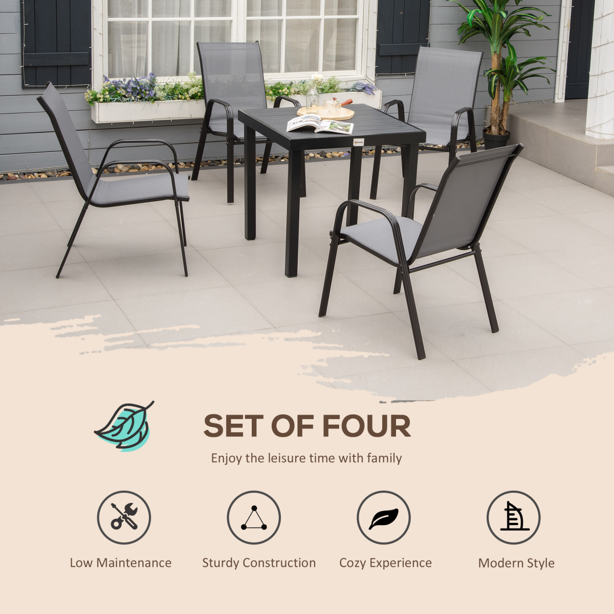 Set of 4 Stackable Outdoor Garden Dining Chairs, High Back Grey