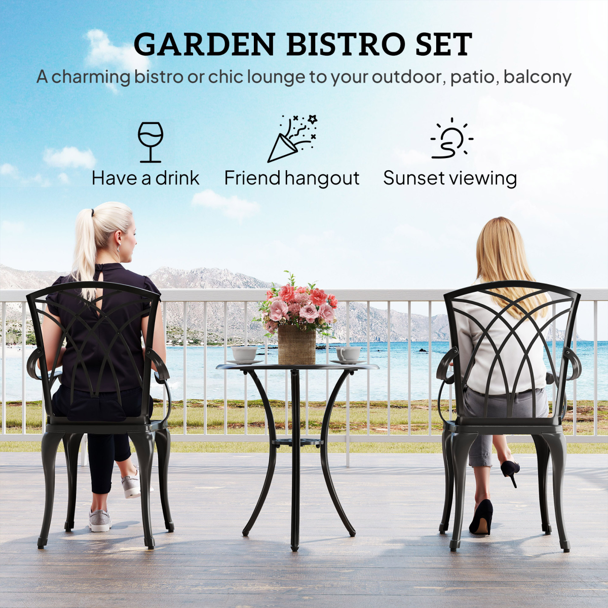 Outsunny Weather-Resistant Cast Aluminium 2-Seater Outdoor Garden Table and 2 Chairs Set with Umbrella Hole
