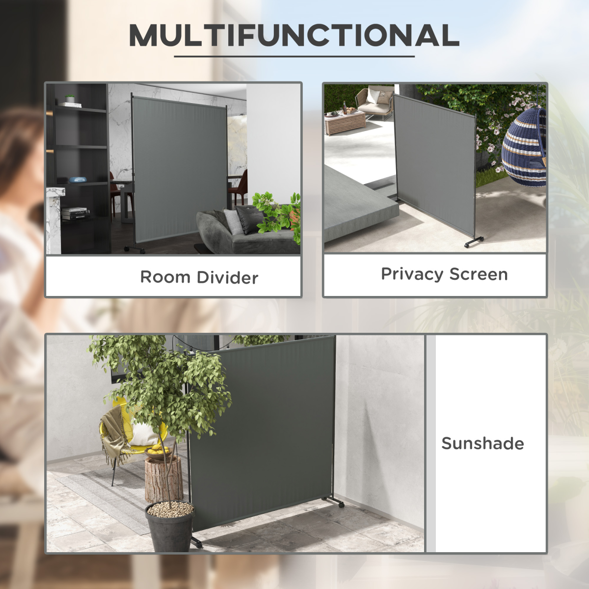 Outsunny Rolling Garden Privacy Screen with Wheels, Dark Grey