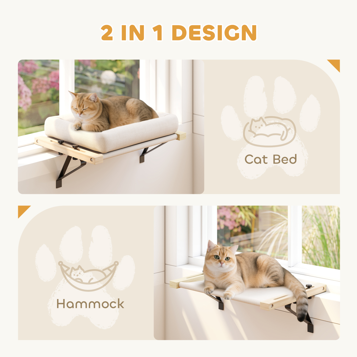 PawHut Adjustable Hanging Cat Hammock Bed with Cushion, Cream
