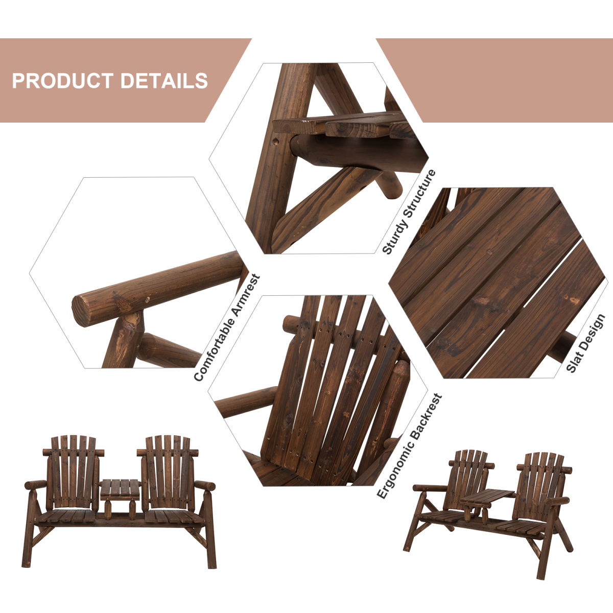 Outsunny Adirondack Style 2-Seat Wood Patio Bench with Center Table