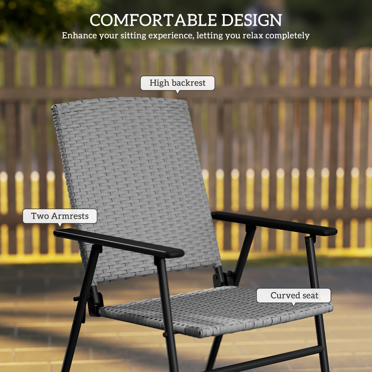 Outsunny 2-Piece Foldable Rattan Garden Chairs with Armrests, Grey