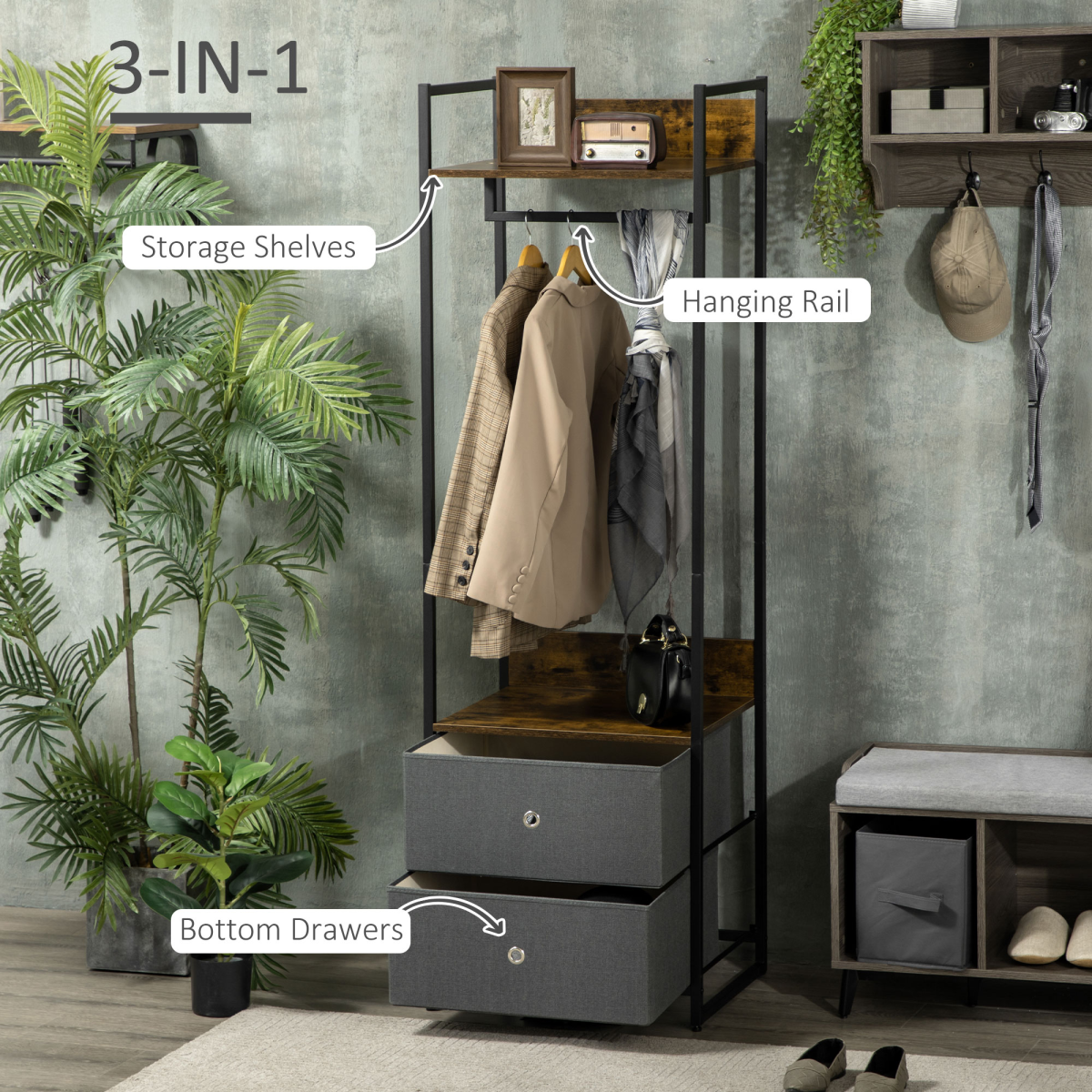 Industrial Clothes Rail Wardrobe with 2 Fabric Drawers and Shelf
