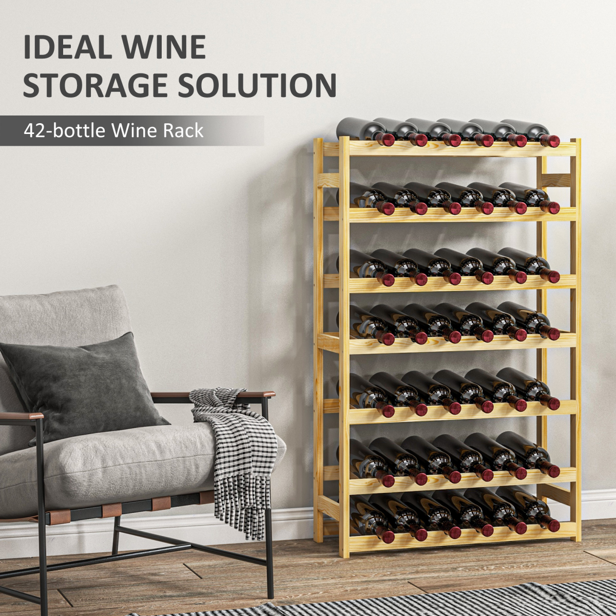 HOMCOM 42-Bottle Freestanding Pine Wood Wine Rack, Natural