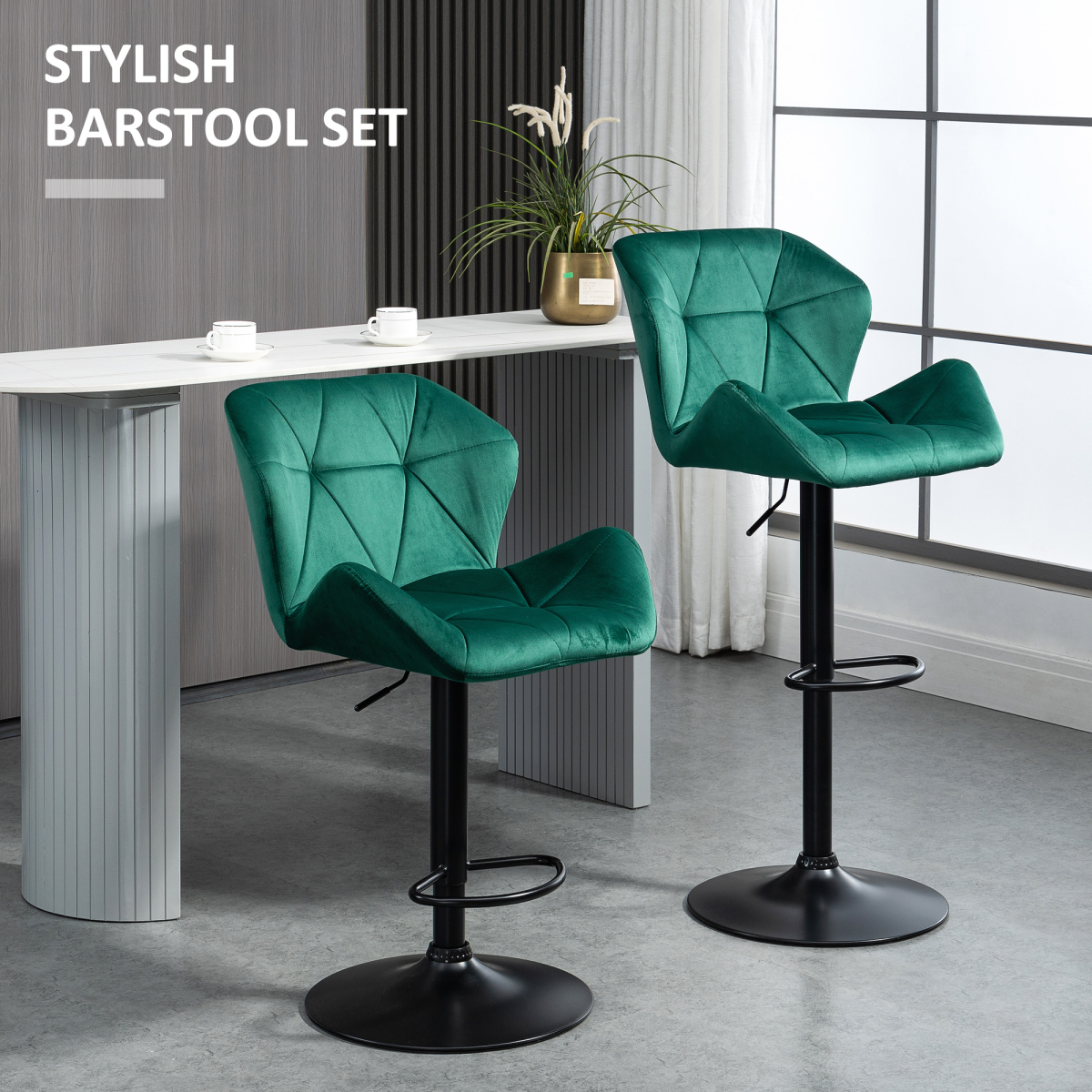 HOMCOM Set of 2 Adjustable Velvet Bar Stools with Footrest, Green