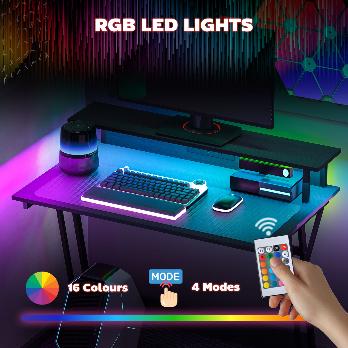 HOMCOM RGB LED Gaming Desk with Power Outlets & Monitor Stand, Black