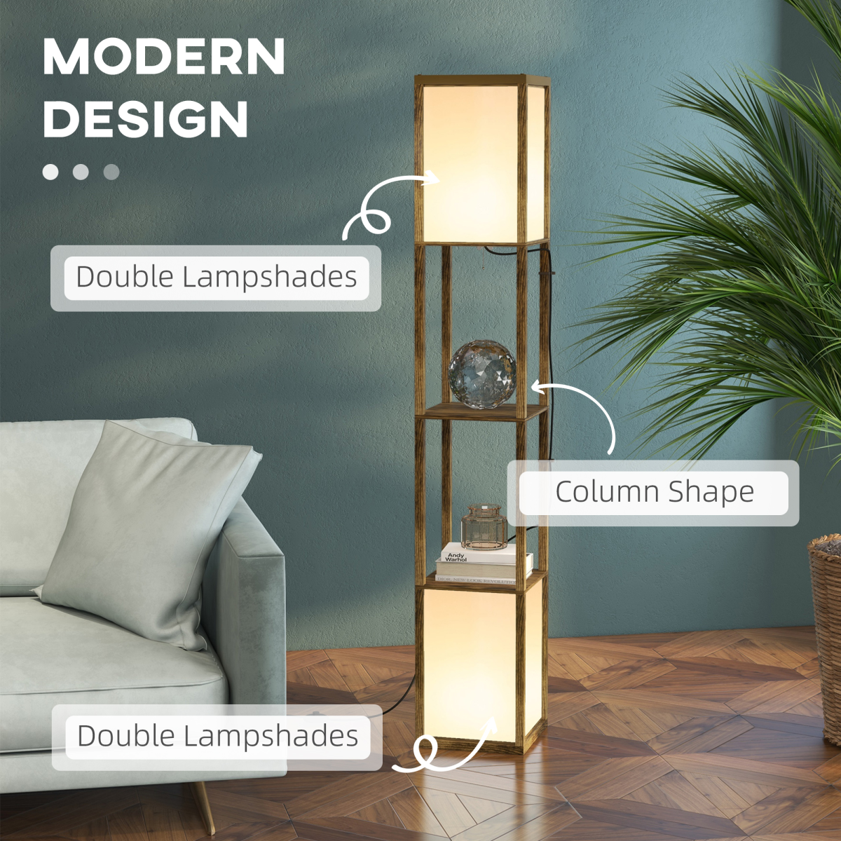 HOMCOM Shelf Floor Lamp with Dual Light, Brown for Living Room Bedroom