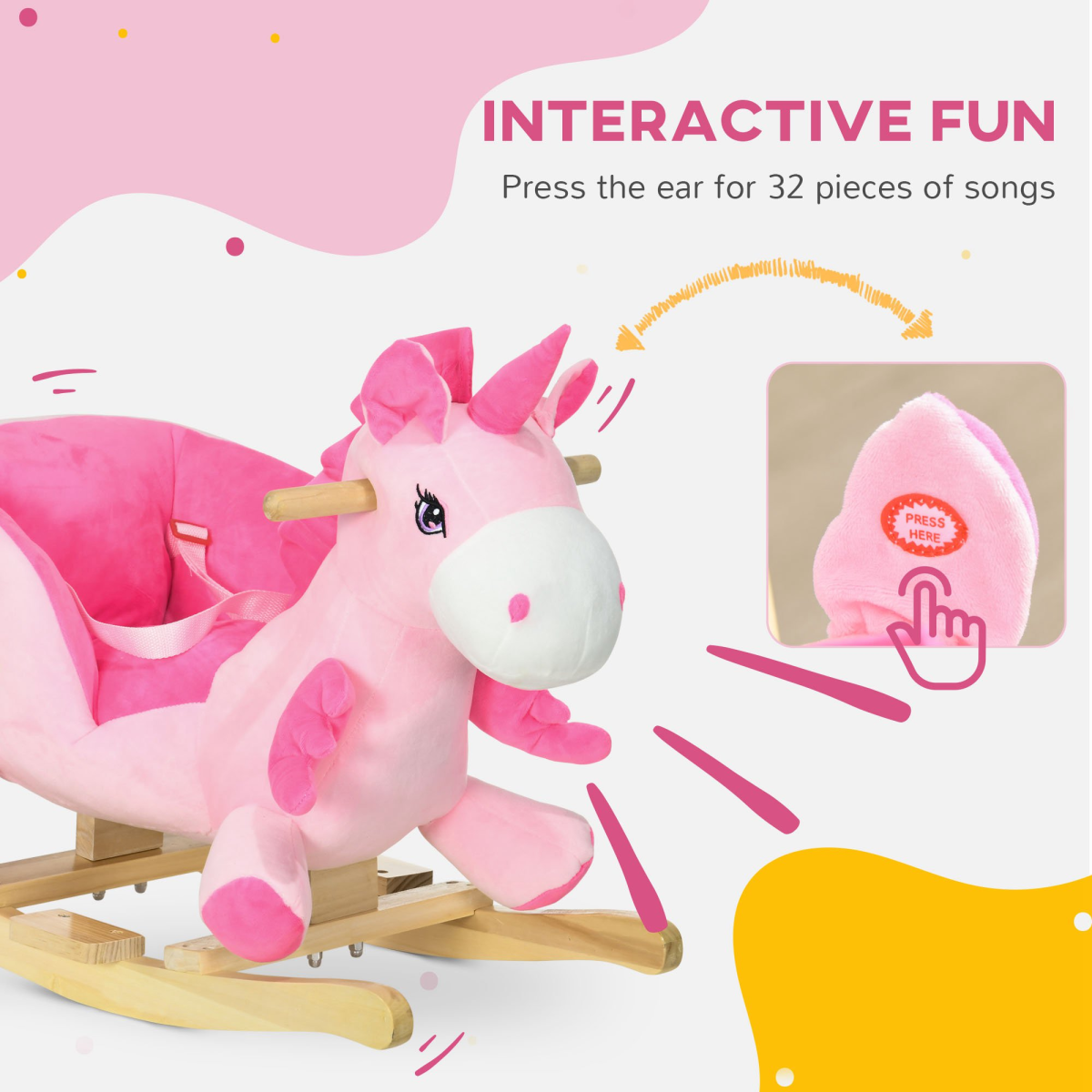 HOMCOM Plush Unicorn Ride-On Rocking Horse with Songs, Seat Belt, Pink