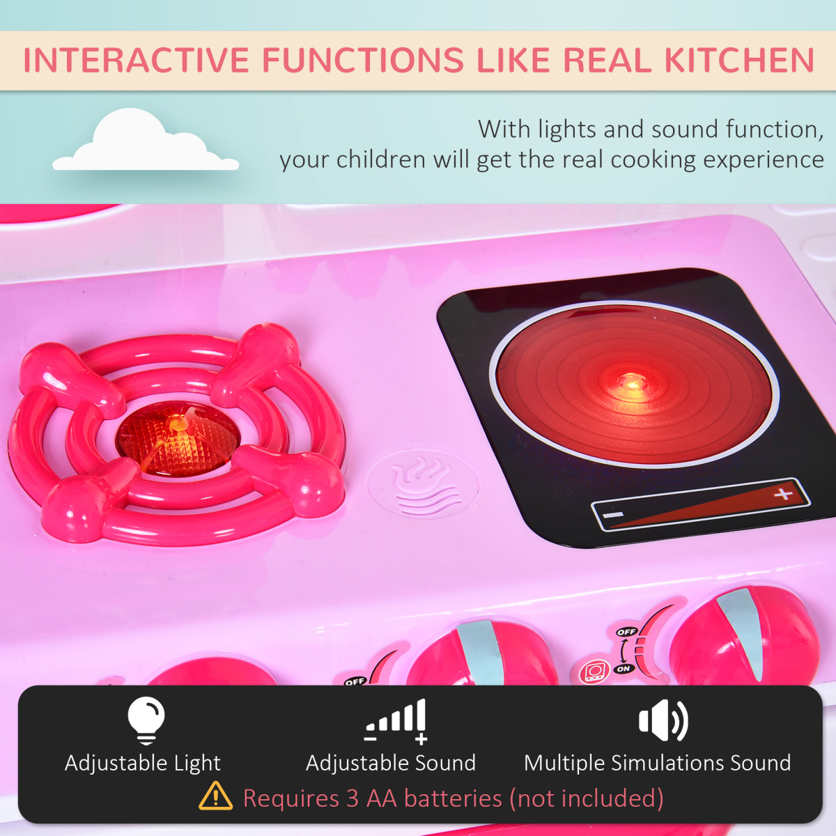 HOMCOM 38-Piece Children’s Kitchen Play Set with Realistic Sounds and Lights, Play Oven, Bread Maker, Sink, Utensils and Food Items