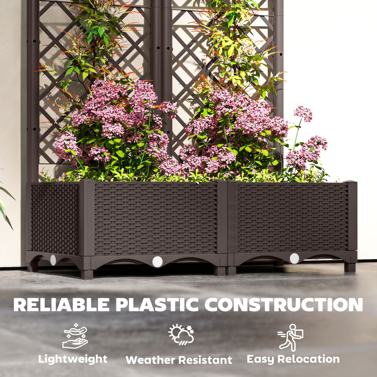 Outsunny Brown PP Planter Box with Trellis and Drain Plugs