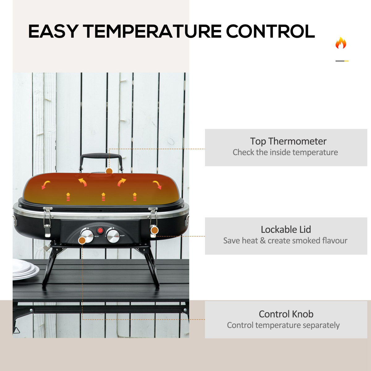 Outsunny Gas BBQ Grill, 2 Burner Tabletop BBQ with Lockable Lid, Thermometer, Piezo Ignition, Foldable Legs
