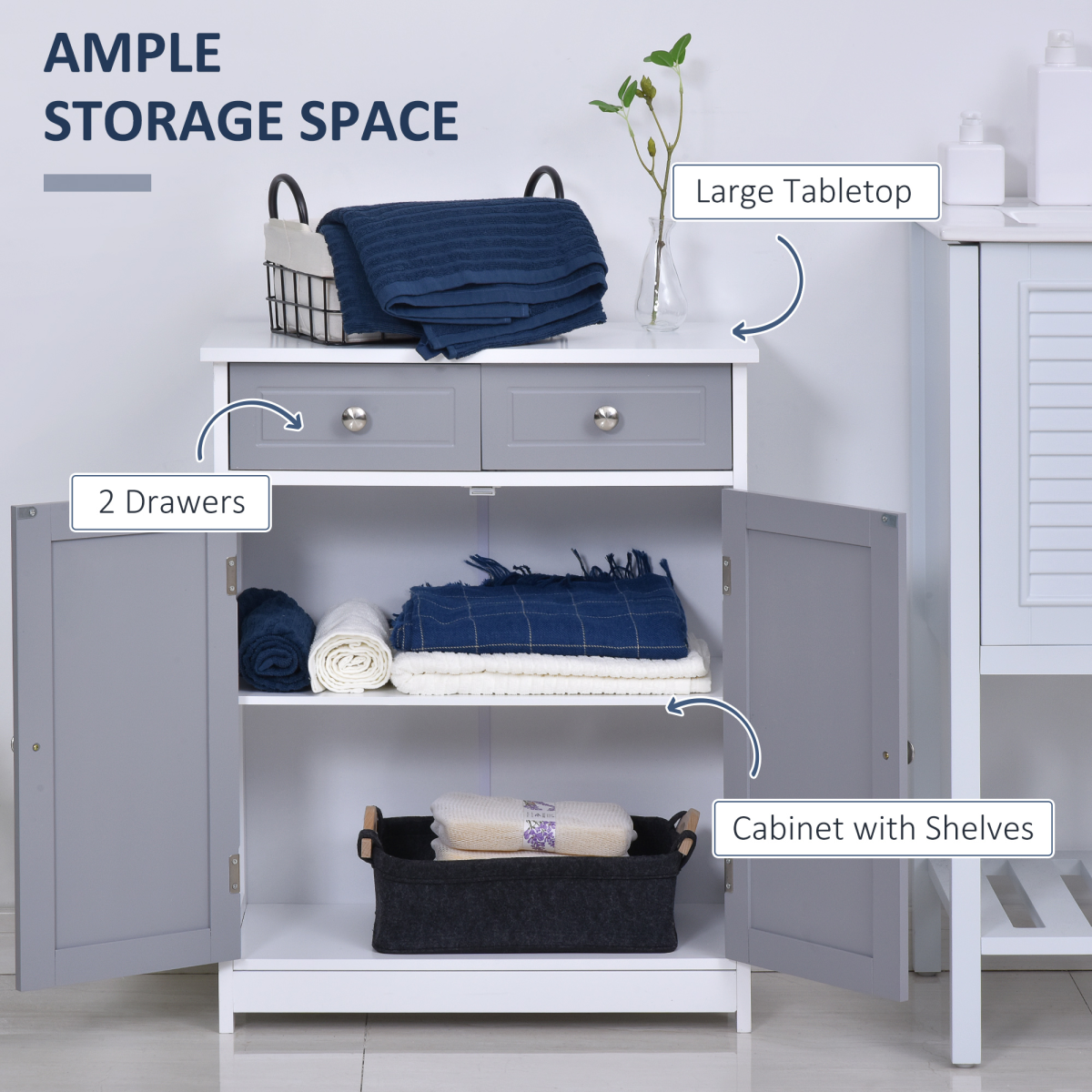 kleankin Grey MDF Freestanding Bathroom Cabinet with 1 Cupboard and 2 Drawers, Adjustable Shelf, Water-Resistant Finish