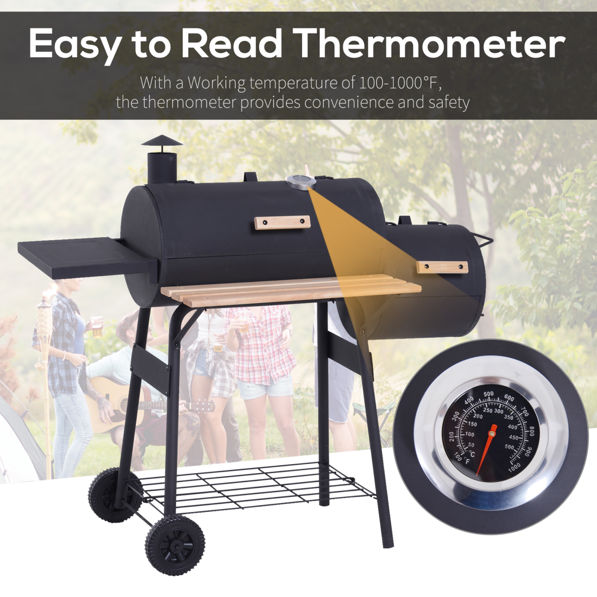 Outsunny Portable Charcoal BBQ Grill with Offset Smoker, Steel, Thermometer, Side Shelves and Wheels