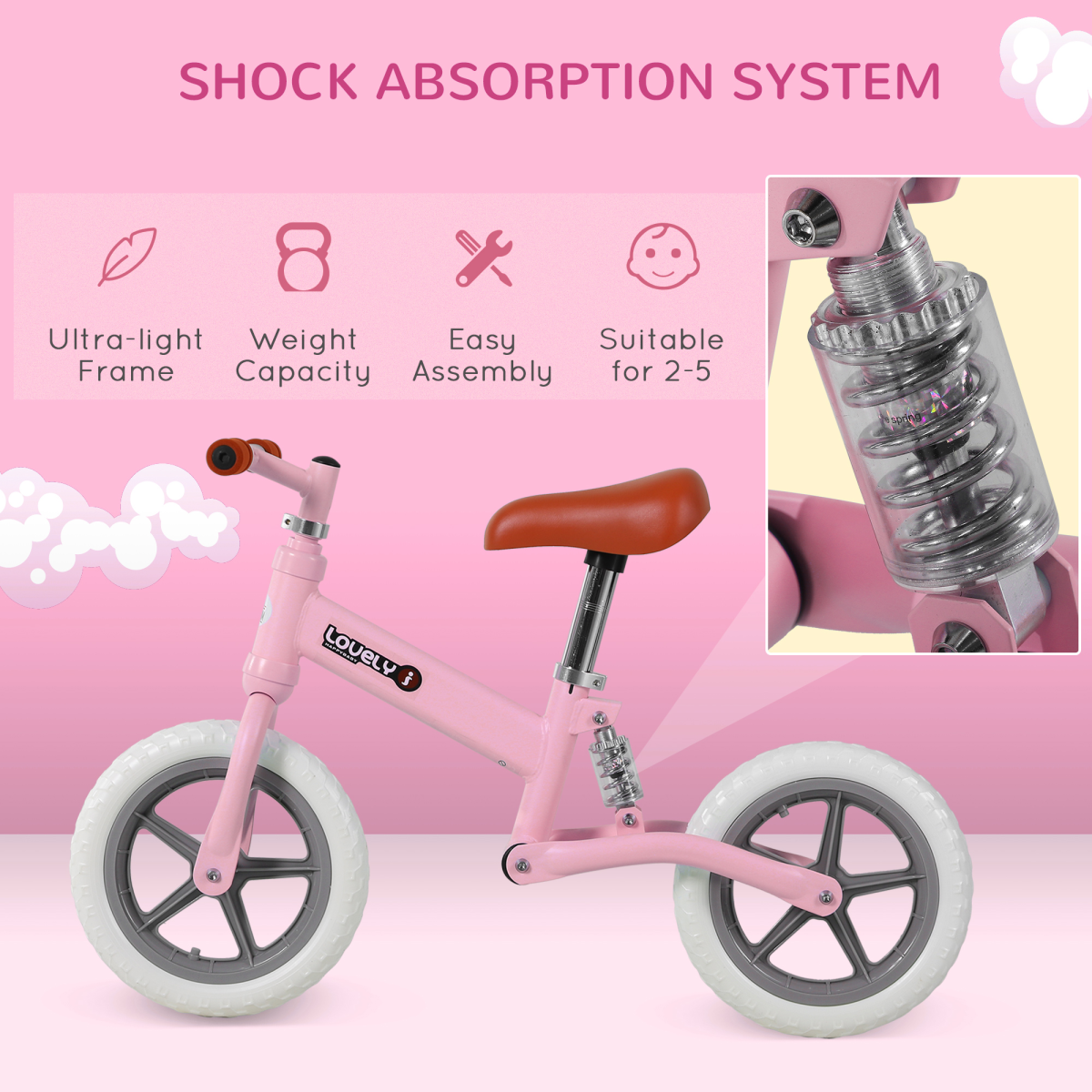 HOMCOM Kids Balance Bike with Adjustable Seat, No Pedal, Ages 2-5 Years