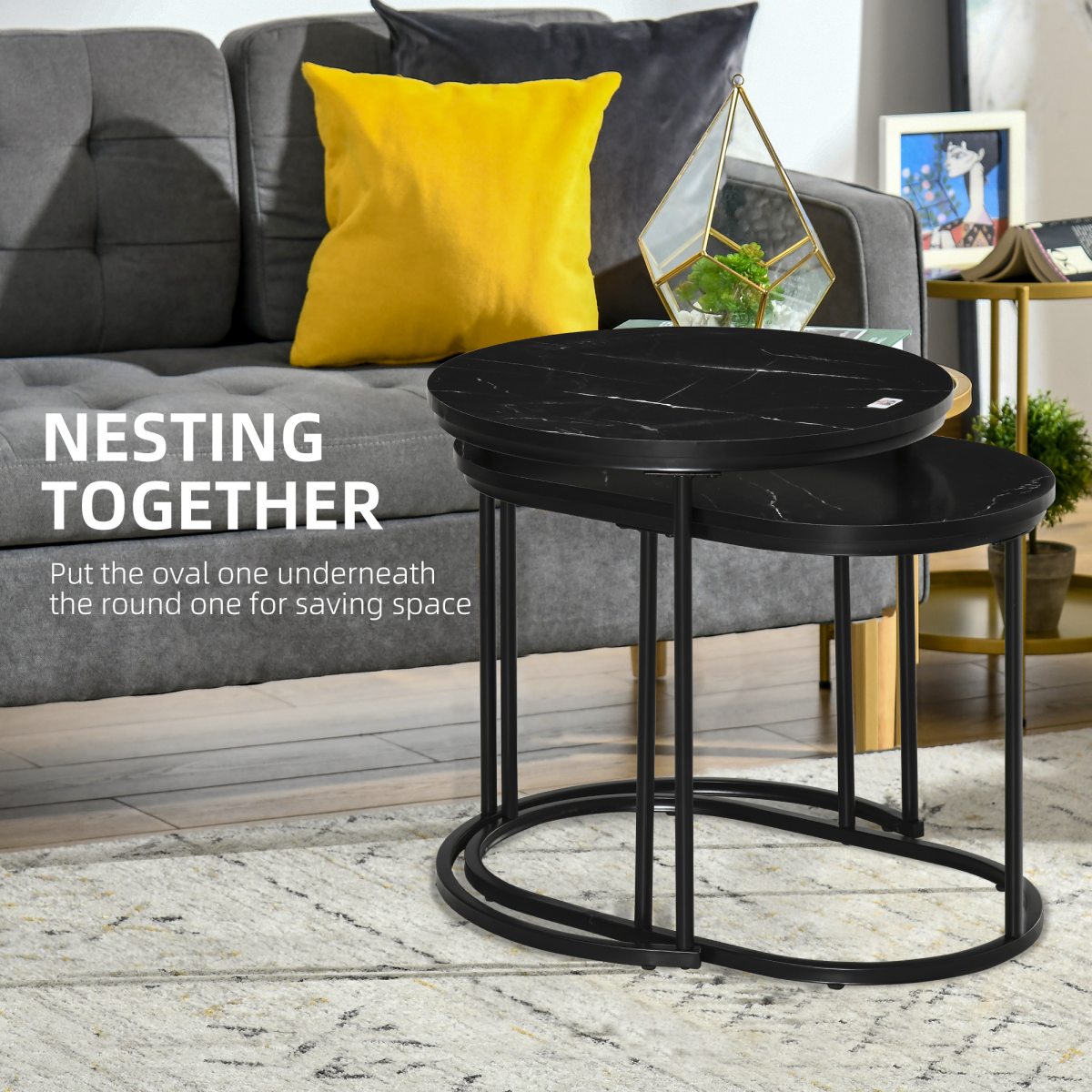 HOMCOM 2-Piece Faux Marble Round & Oval Side Tables, Black