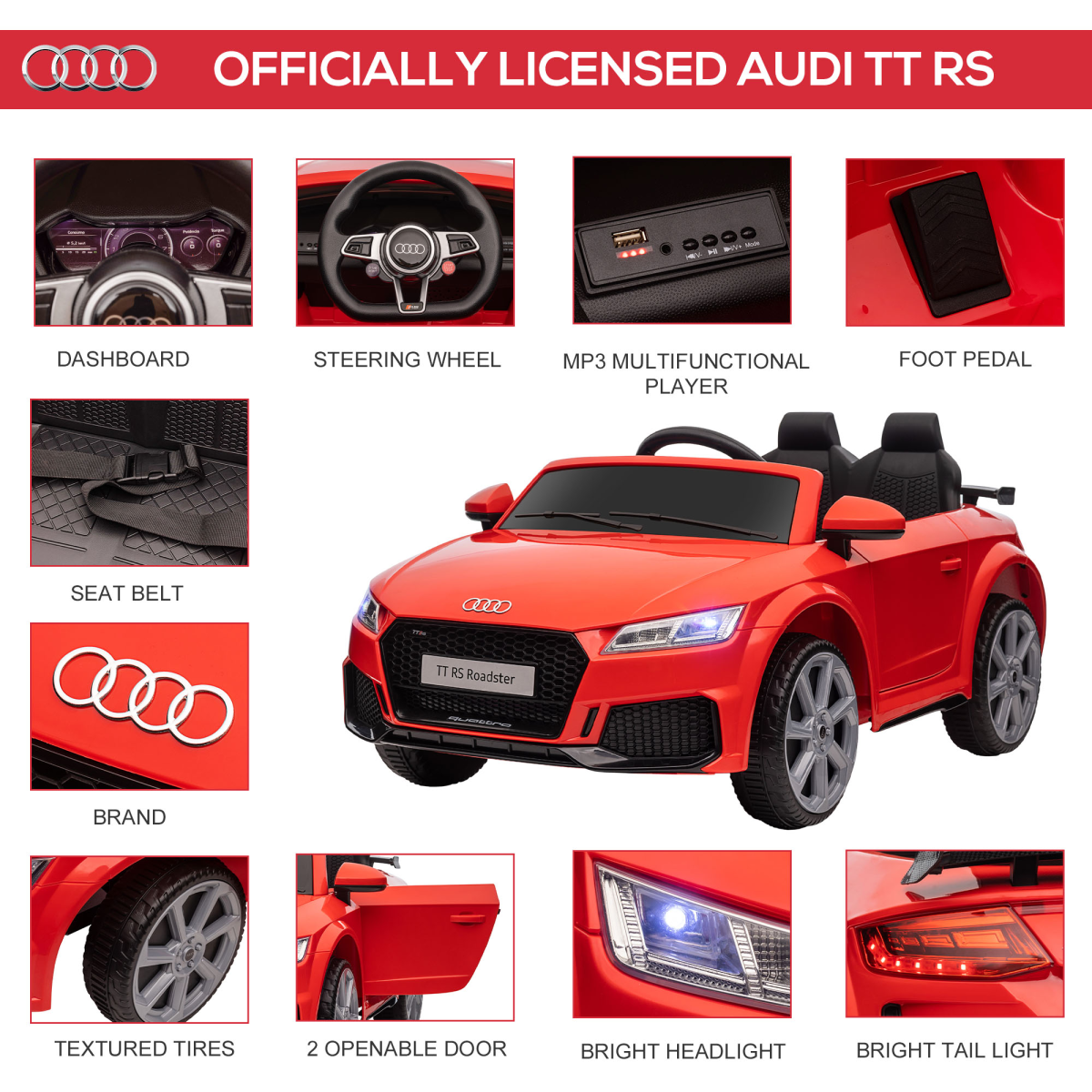 HOMCOM Licensed Audi TT RS 12V Ride On Car with Remote Control, Headlight, MP3, Red