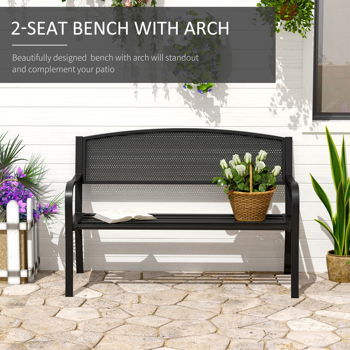 Outsunny 2 Person Steel Garden Bench with Cast Iron Backrest and Seat, 120 cm, Black
