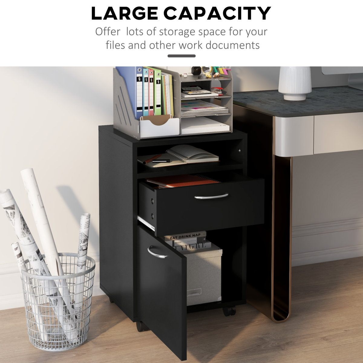 60cm Tall Storage Cabinet with Drawer, Open Shelf & Lockable Wheels, Black