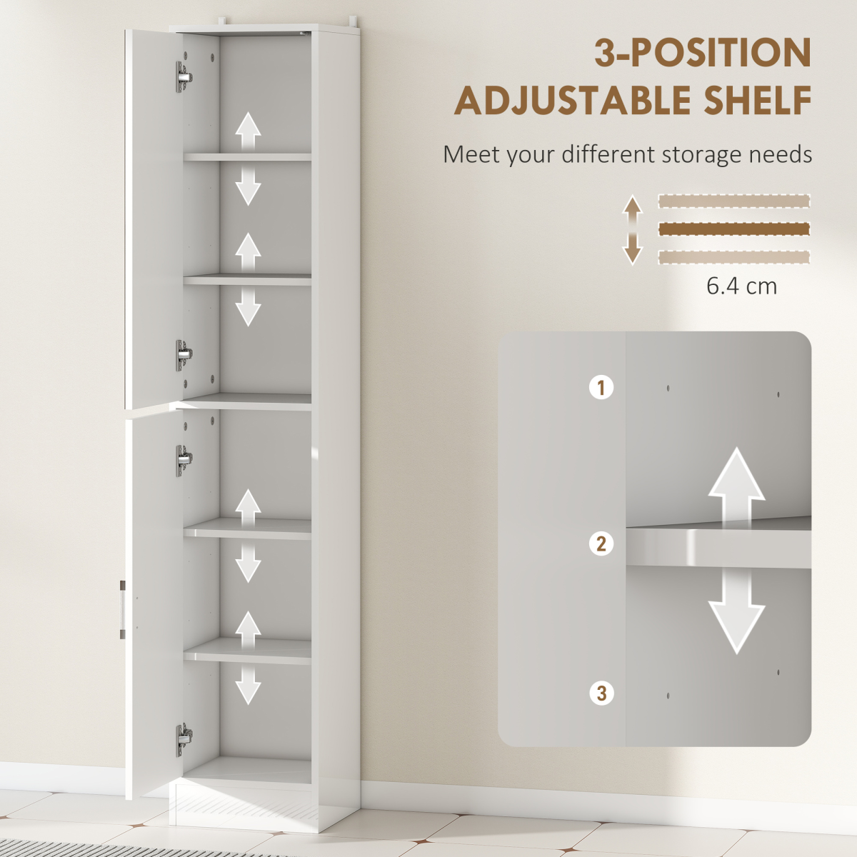 kleankin Tall Bathroom Storage Cabinet with Mirror, High Gloss White