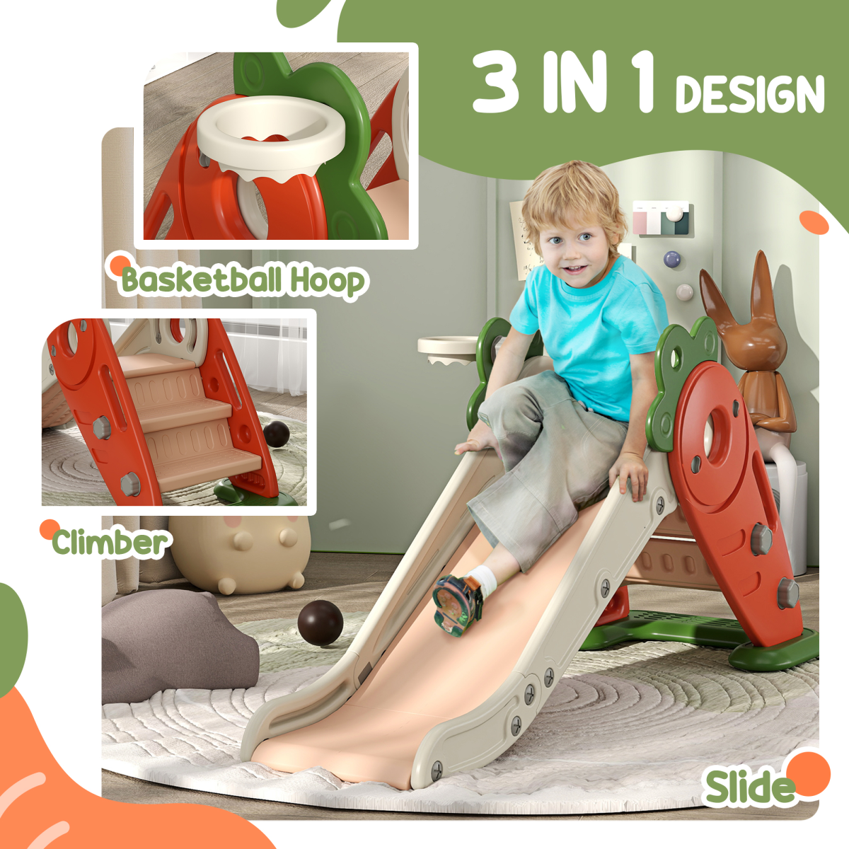 AIYAPLAY 3-in-1 Carrot Kids Indoor Slide with Basketball Hoop, Foldable