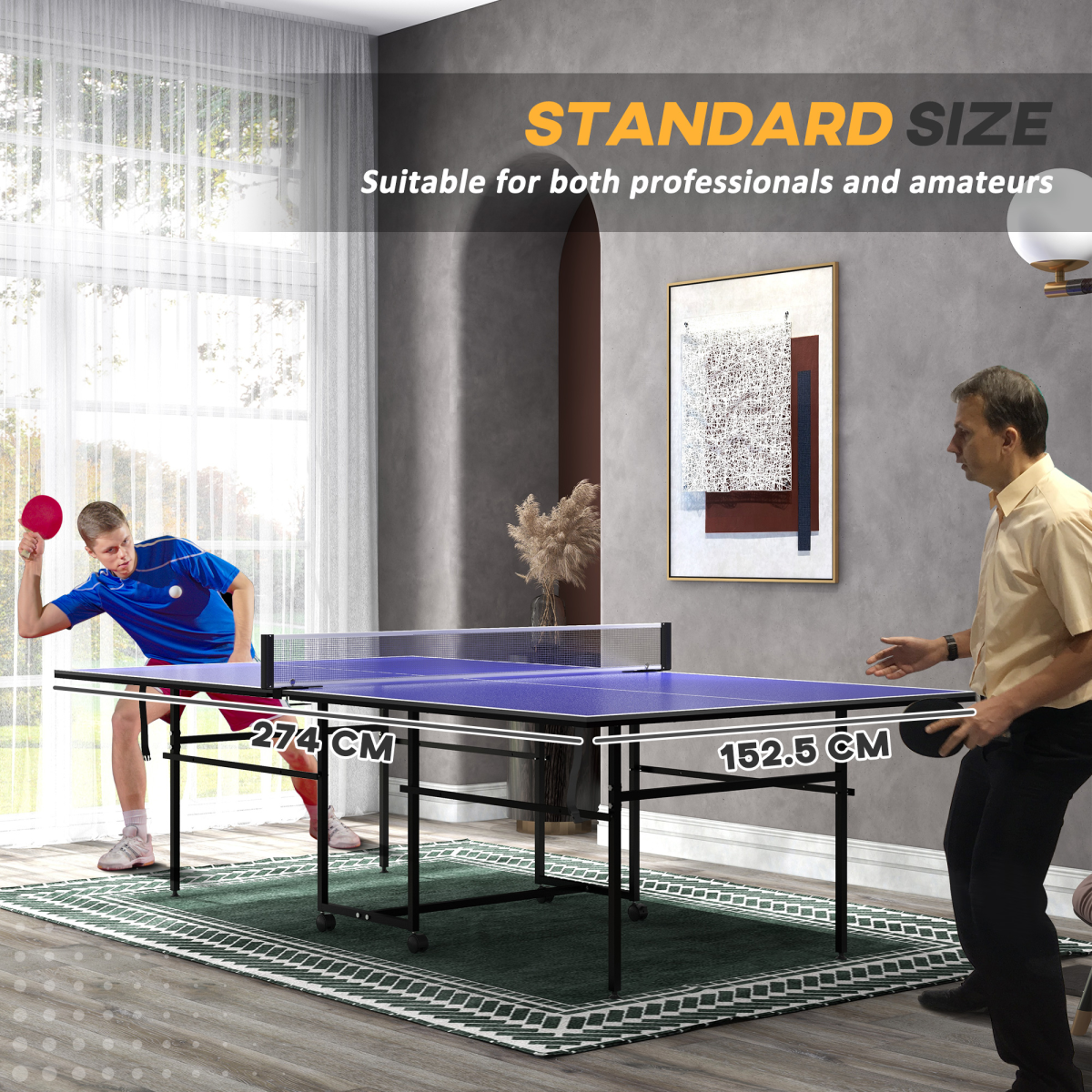 SPORTNOW 9FT Folding Indoor Table Tennis Table, Blue, 4 Wheels