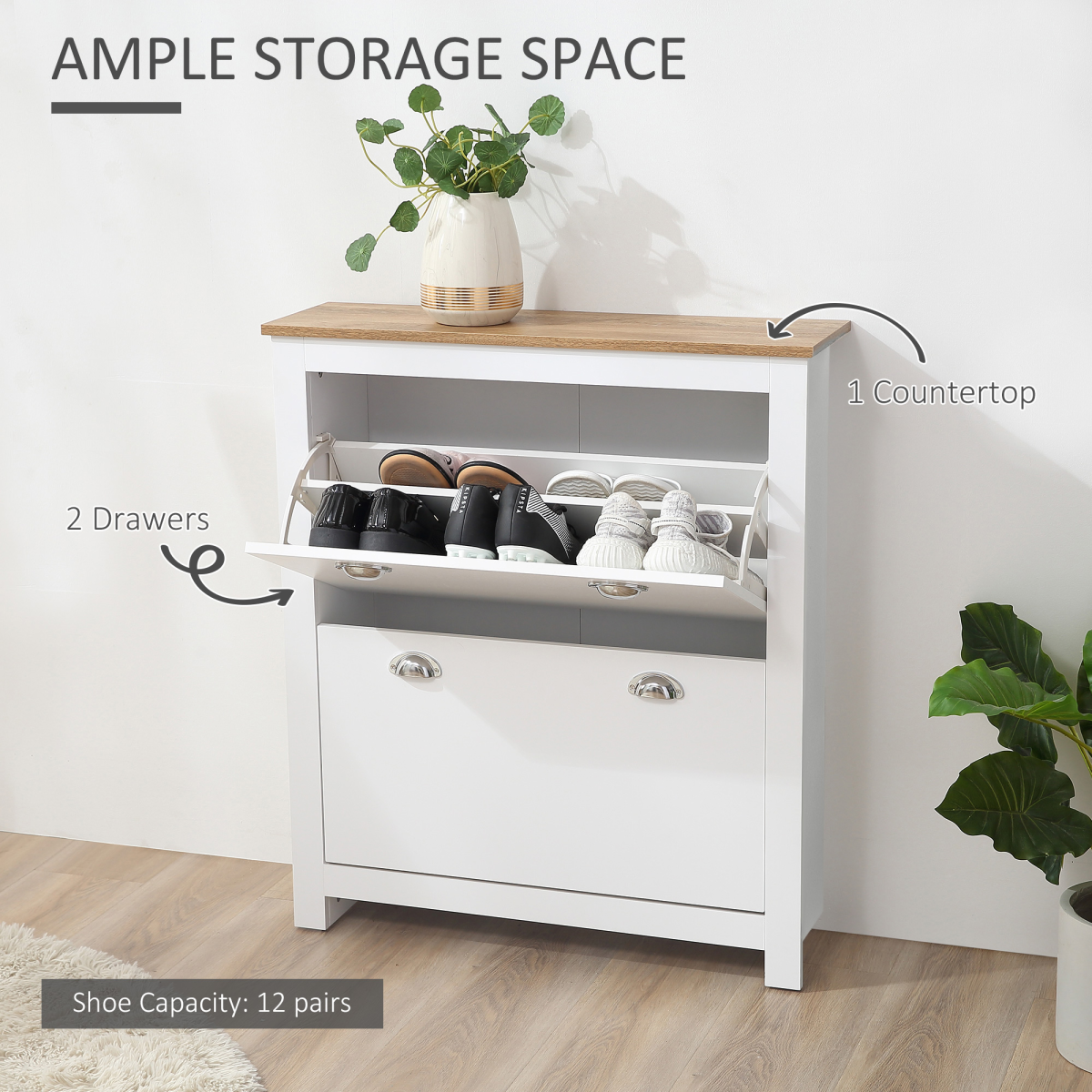 HOMCOM White Narrow Shoe Cabinet with 2 Flip-Down Drawers