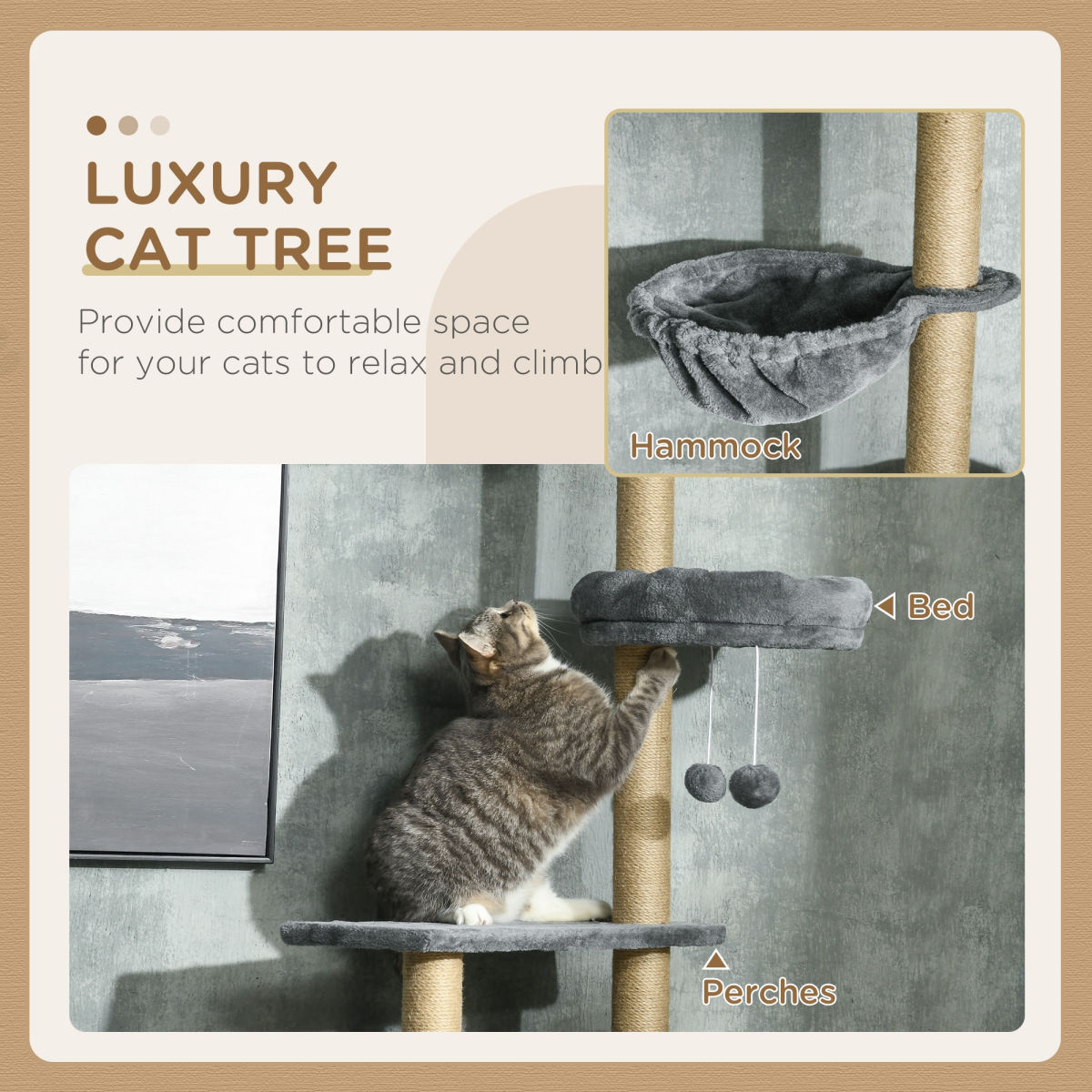 PawHut 6-Tier Floor-to-Ceiling Cat Tree with Bed, Hammock, Grey