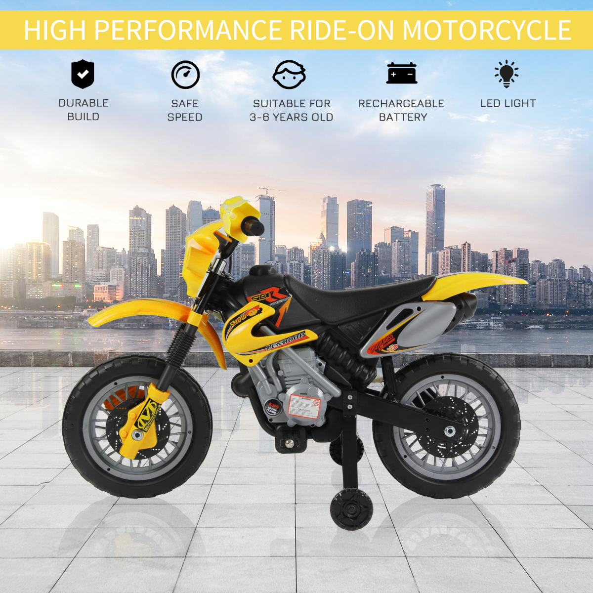 Kids Motocross Ride On Motorcycle with Lights, Music & Horn, Yellow