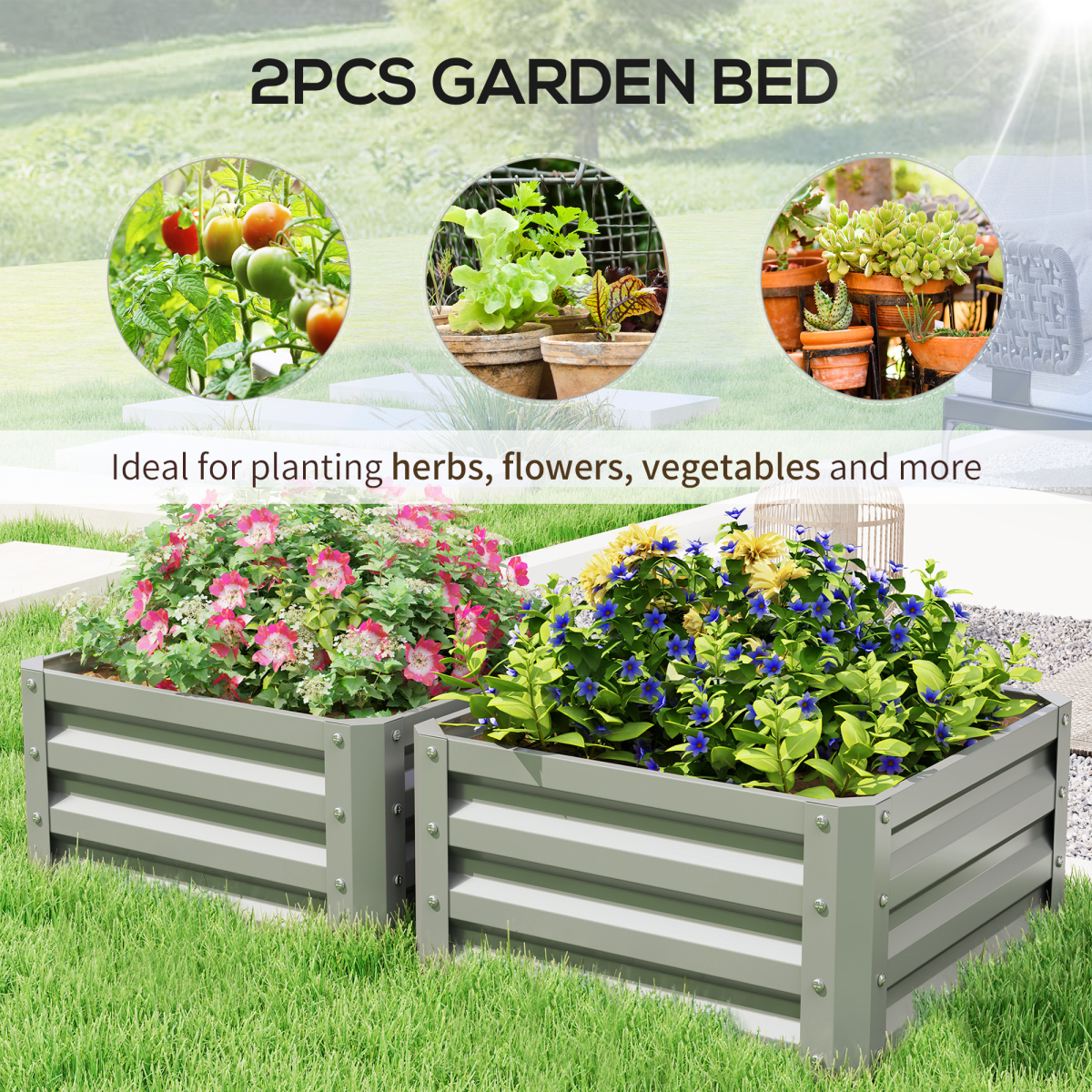 Outsunny Set of 2 Galvanised Steel Raised Garden Beds, Light Grey