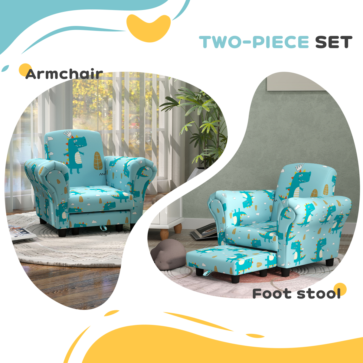 AIYAPLAY 2 Piece Kids Sofa Set, Dinosaur Print, Blue for Nursery
