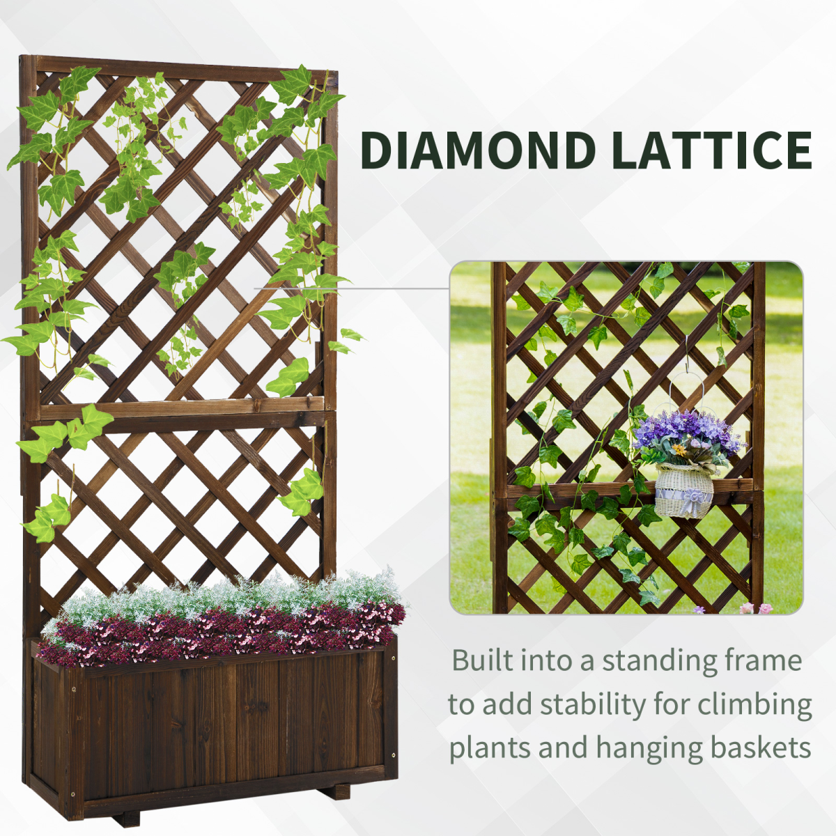 Outsunny Wooden Fir Wood Trough Planter with Trellis for Climbing Plants