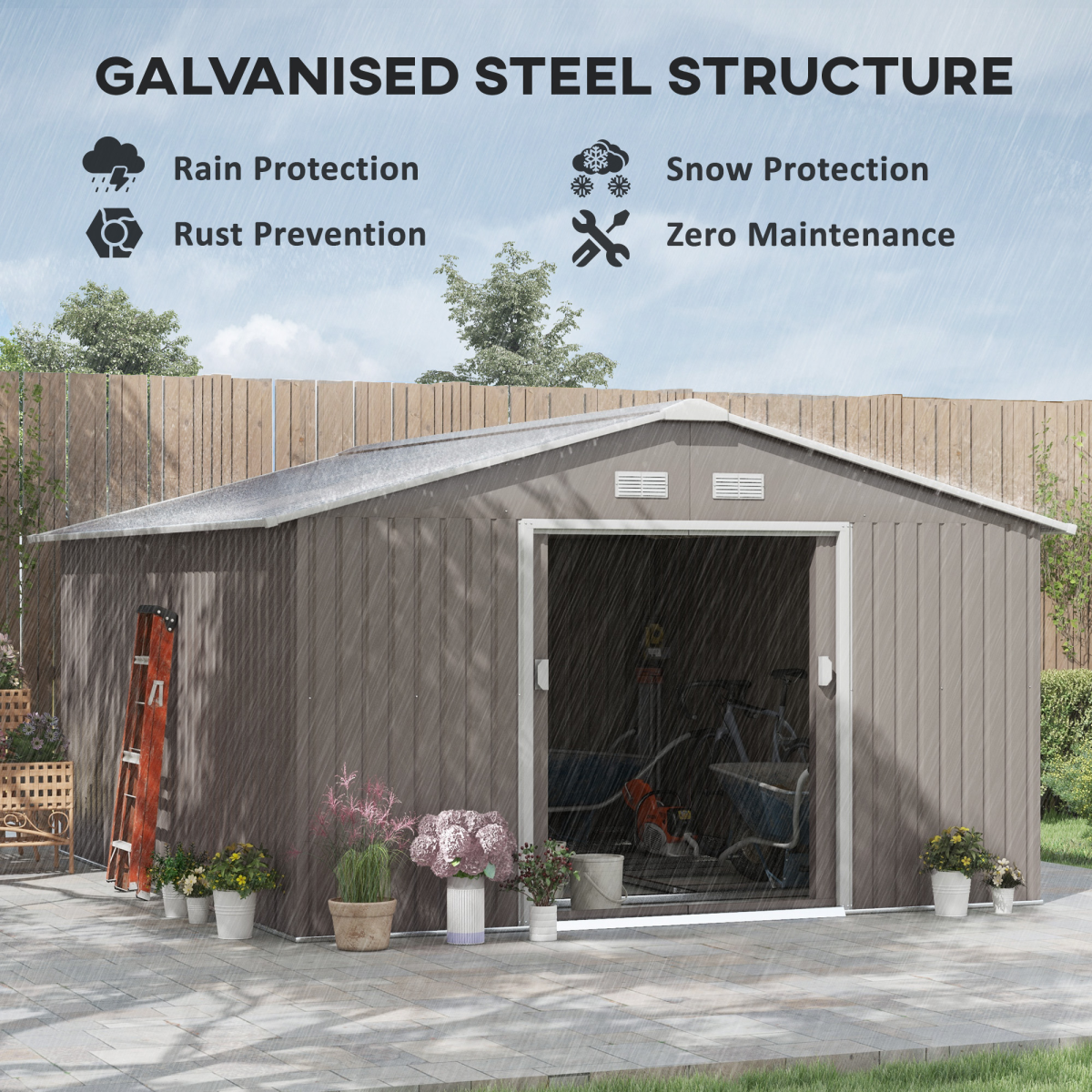 Outsunny Metal Garden Storage Shed, Sloped Roof, Double Door, 12.5ft x 11ft