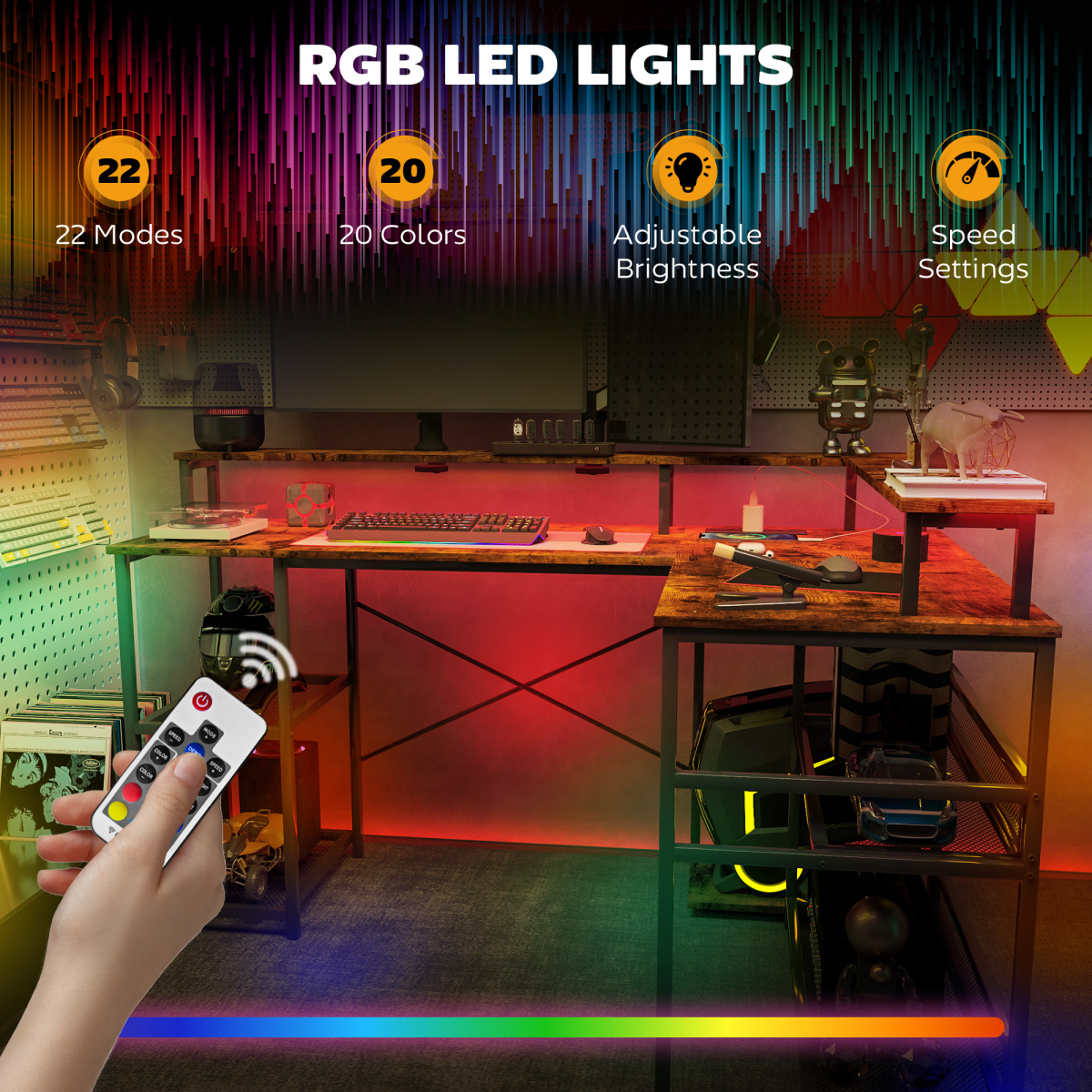 HOMCOM L-Shaped Gaming Desk with LED Lights & Power Outlets
