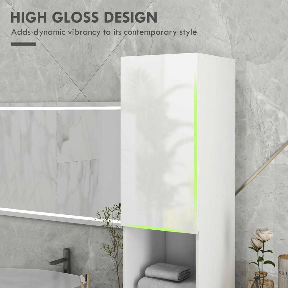 kleankin Bathroom Storage Cabinet, High Gloss White, Adjustable Shelves